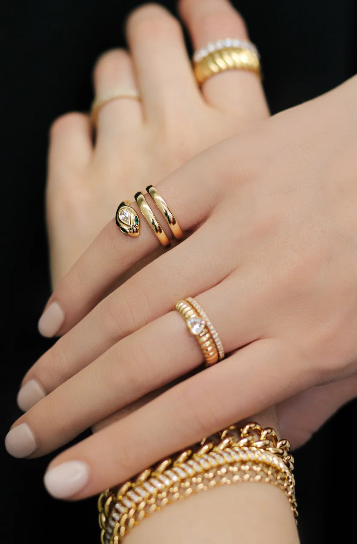 18K yellow gold Snake Coil Pinky Ring with emerald coil serpent band by Anita Ko at Tiny Gods