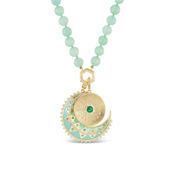 Chrysoprase & Emerald Major Moon Pendant by Harwell Godfrey Foundation Beads with Emerald Sun Sign Medallion 18K yellow gold