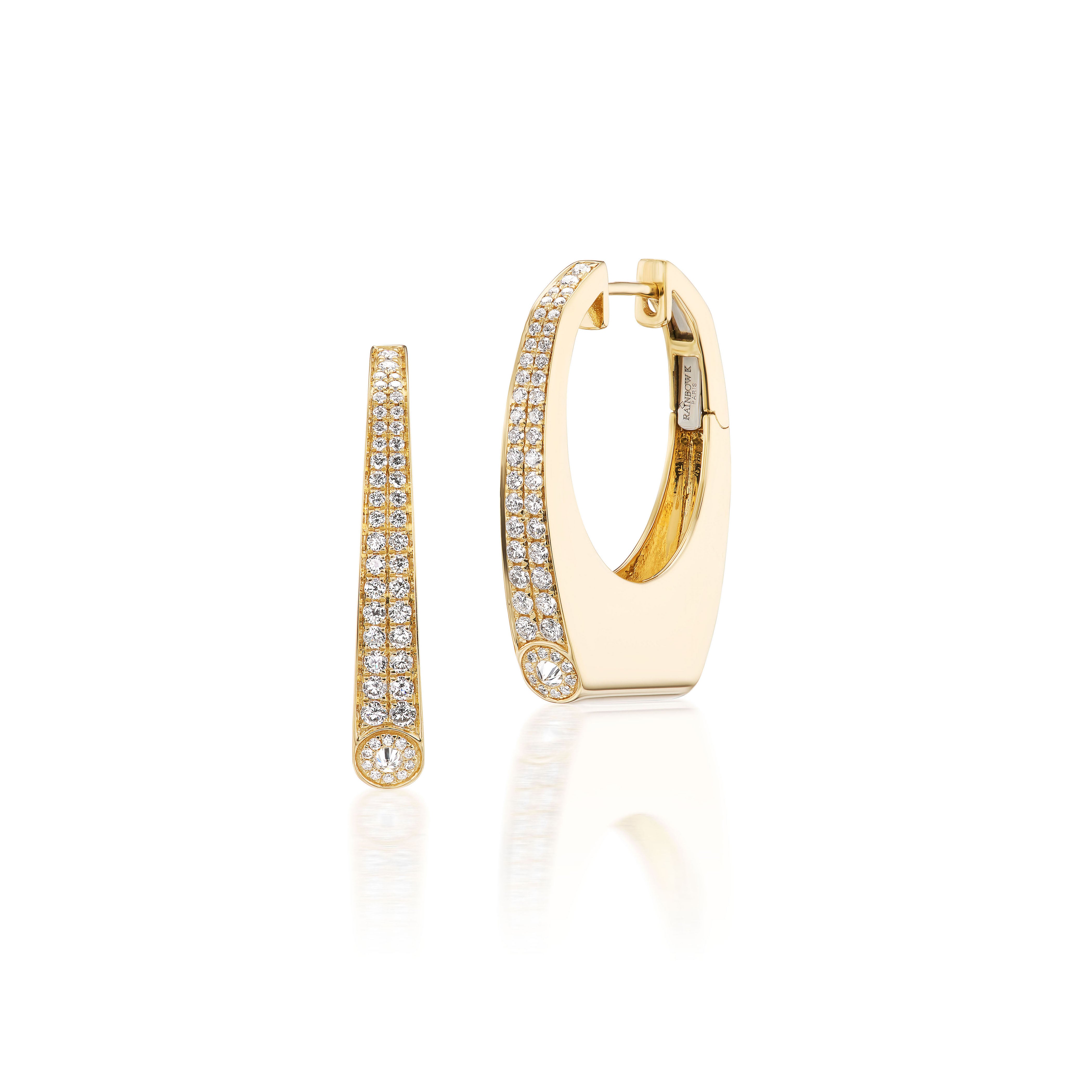 14k yellow gold Grace earrings with diamond pave post earrings by Rainbow K Tiny Gods Hoop Huggies made in Paris