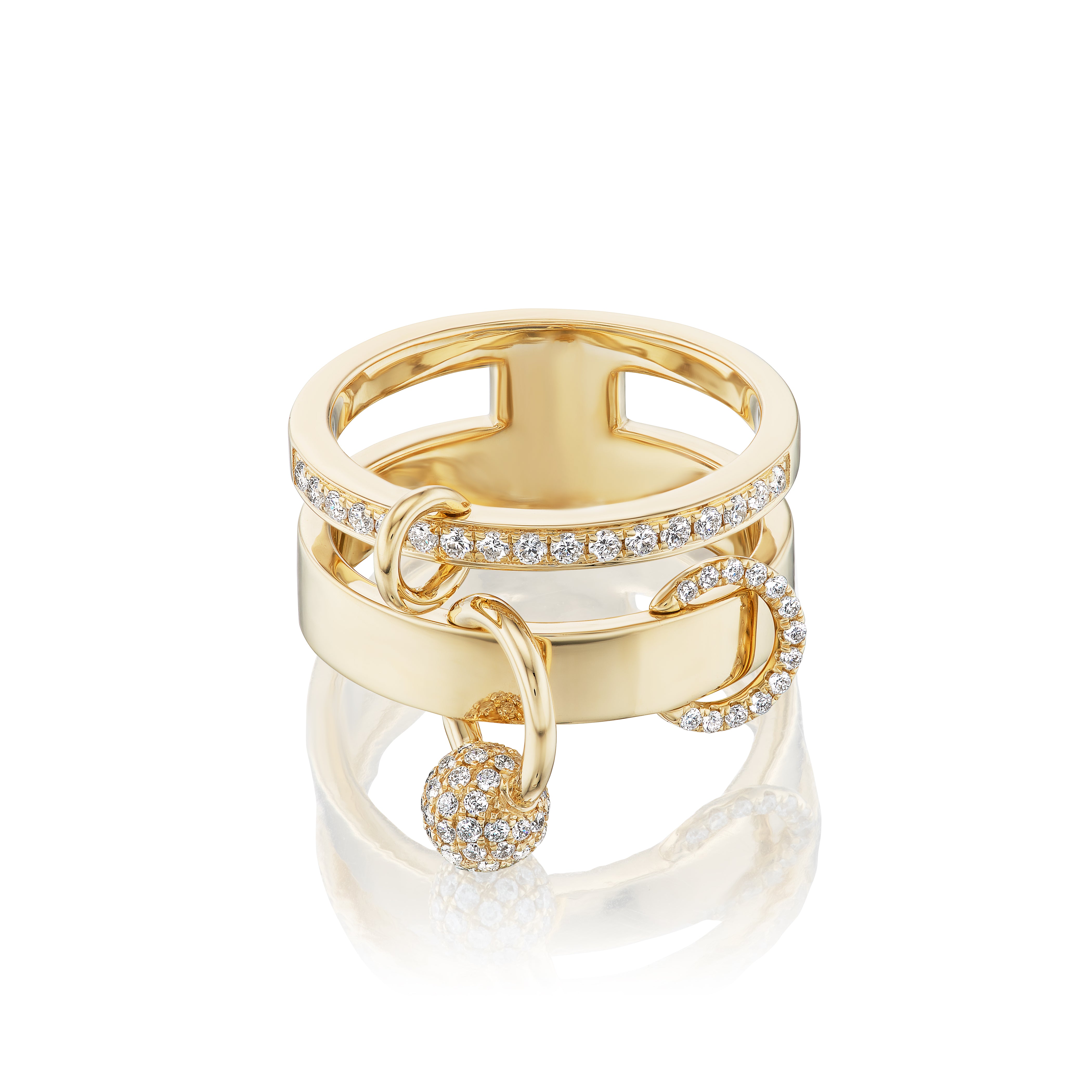 14k yellow gold piercing double ring with diamond accents and gold links by Rainbow K Tiny Gods