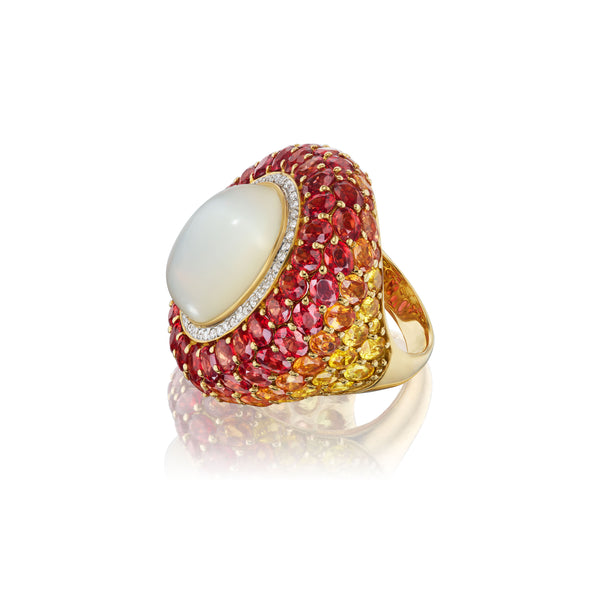 18k yellow gold and diamond orange White Moonstone Ombre Sapphire Ring