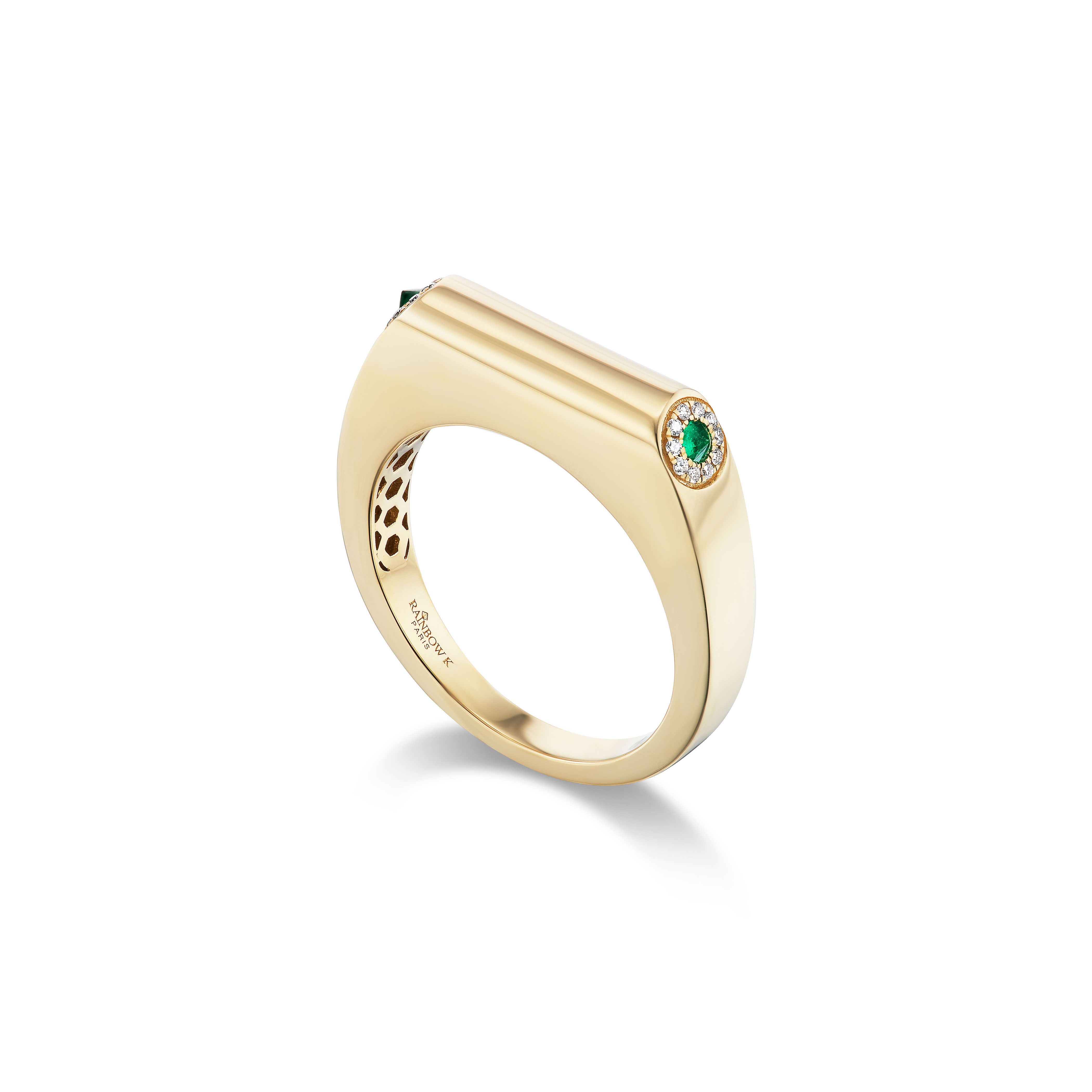 14k yellow gold grace ring with emerald and diamond accents by Rainbow K Tiny Gods