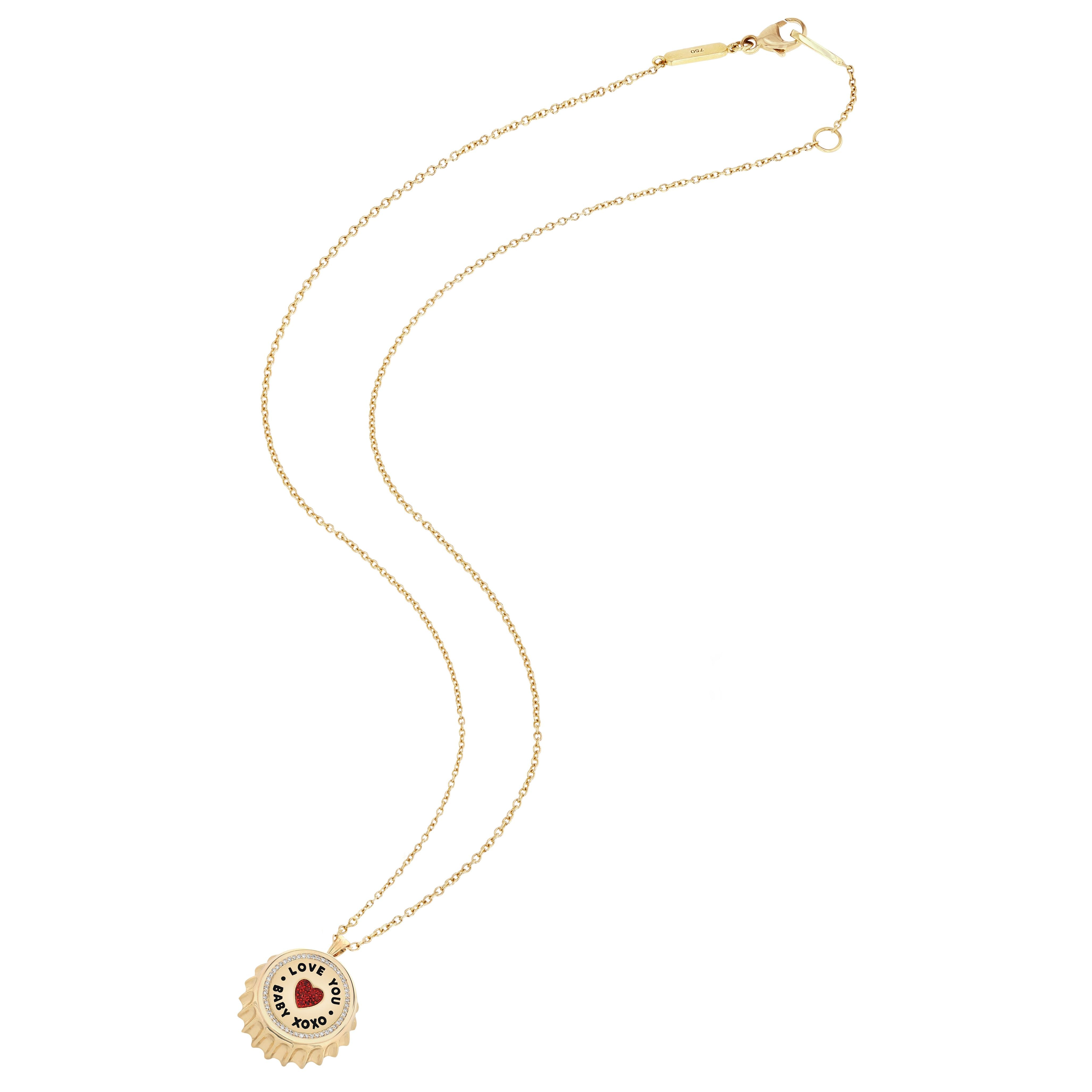 18k yellow gold bottle cap pendant with diamonds and ruby Fable Cap Necklace by Aisha Baker Tiny Gods