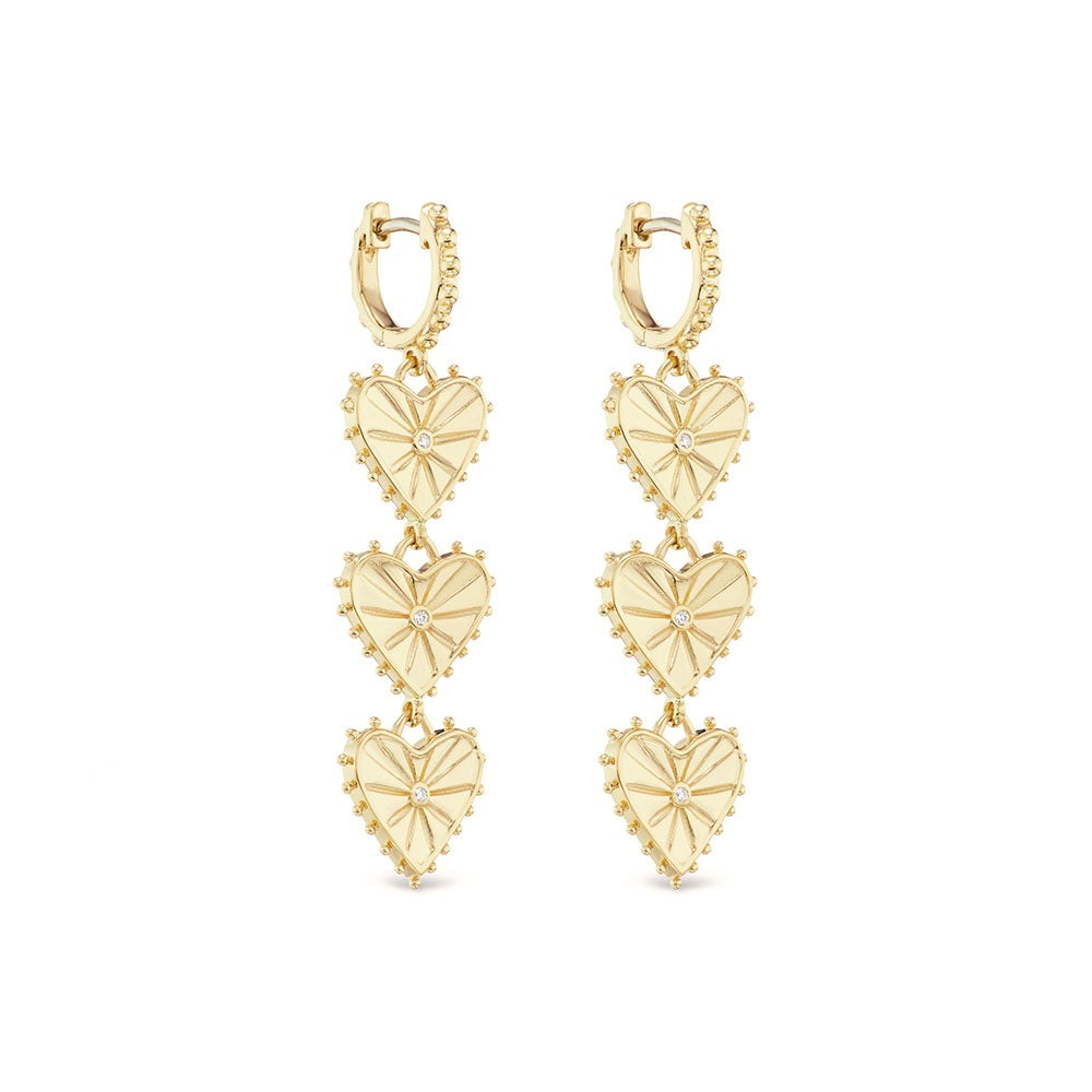14k yellow gold agape multi hoop earrings with three heart charms with spikes and white diamonds by Marlo Laz Tiny Gods