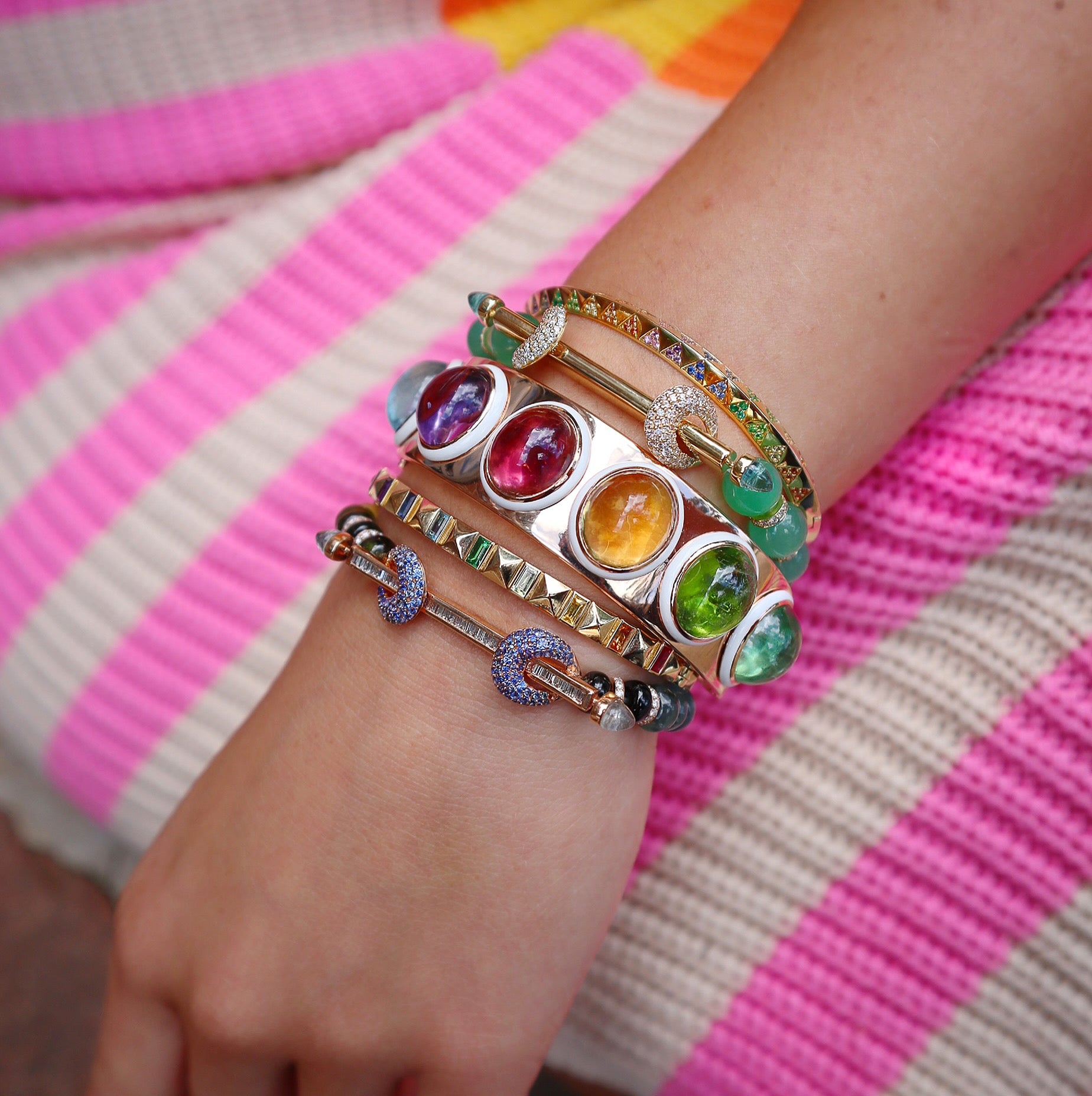 18K rose gold Colorstory II Cuff Bracelet with multicolor rainbow cabochon gemstones with white enamel by Emily P Wheeler Tiny Gods Rainbow Bracelet Stack