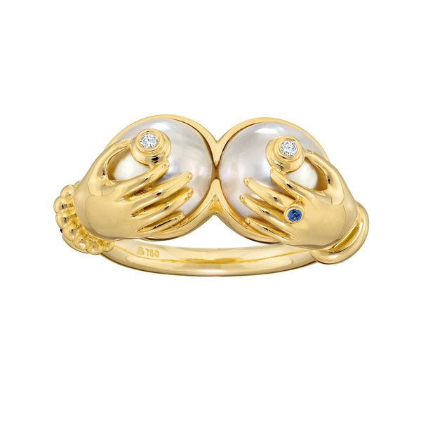 18k yellow gold erotica venus ring with pearls, diamonds and blue sapphire by Sauer Tiny Gods