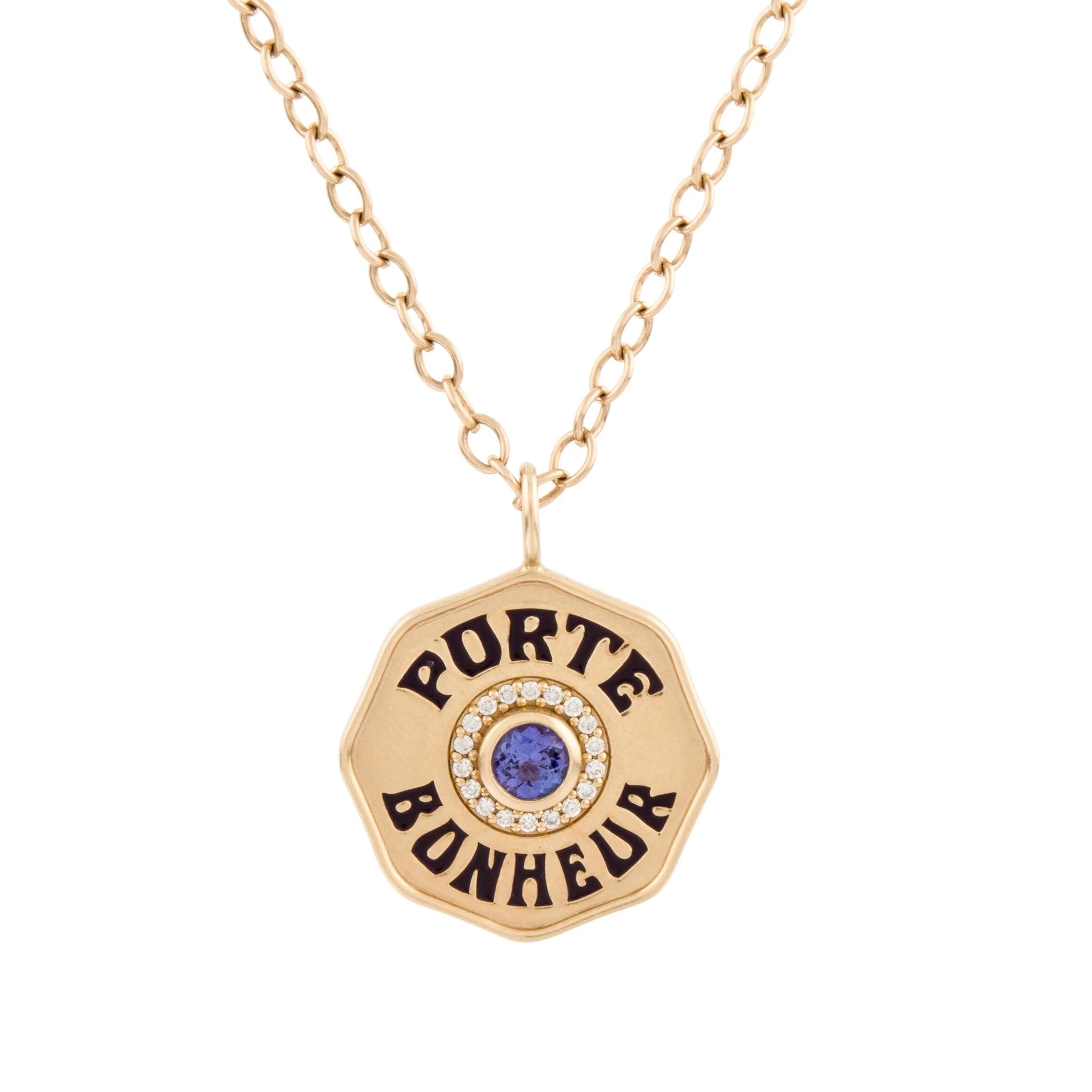 18k yellow gold large Porte Bonheur charm with tanzanite and eggplant enamel with diamond halo by Marlo Laz Tiny Gods