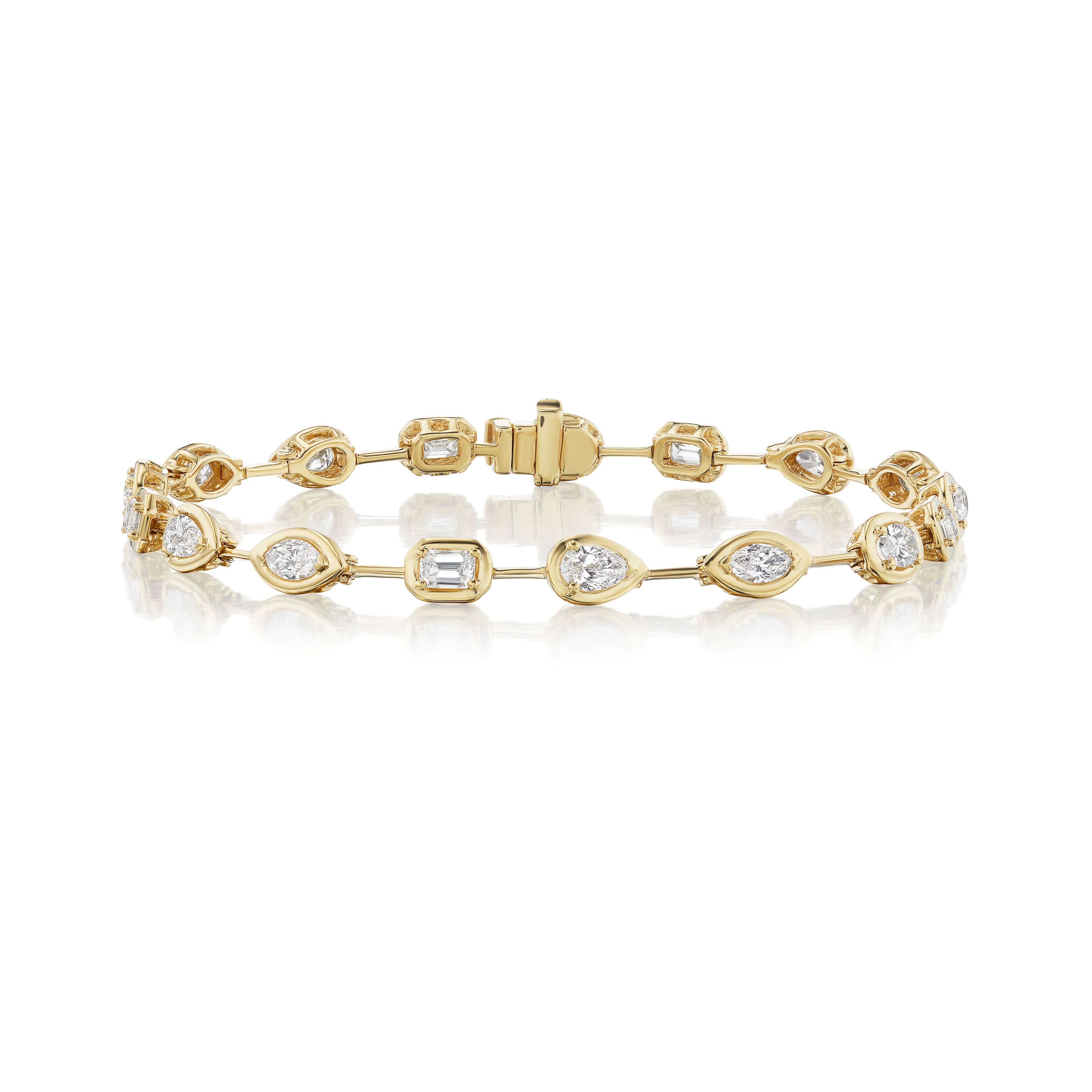 18k yellow gold multi shape diamond bezel set wire bracelet, pear, marquis, emerald cut tennis style Tiny Gods