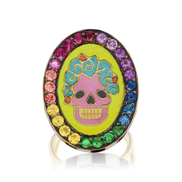 18k yellow gold rainbow sapphire pride ring with skull painted in enamel by Holly Dyment Tiny Gods