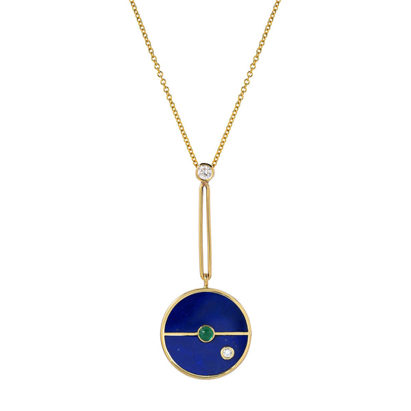 14k yellow gold signature compass pendant with lapis inlay and diamonds and emerald by Retrouvai Tiny Gods