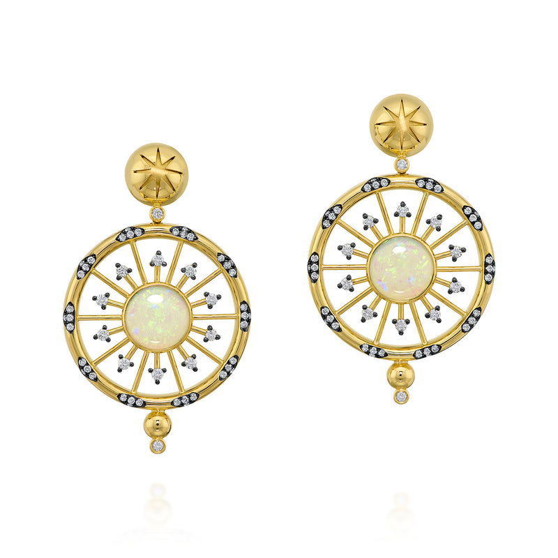18k yellow gold wheel earrings with opal and diamonds by Sauer Tiny Gods