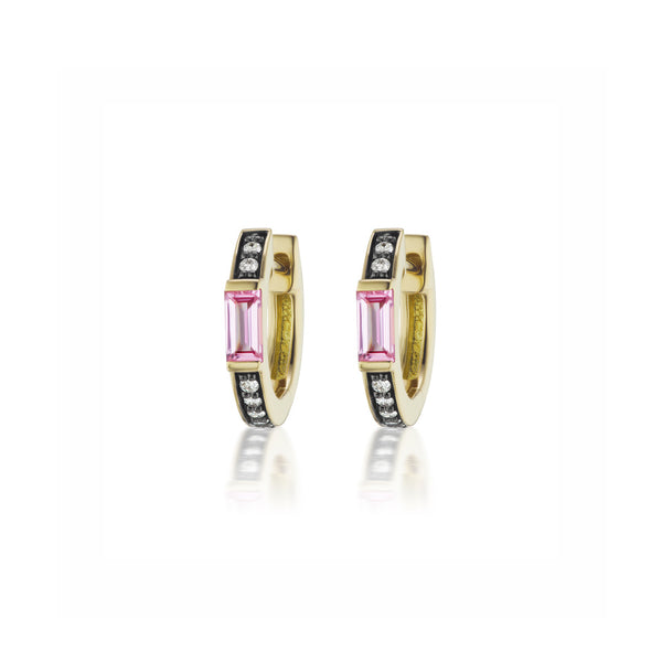 18k yellow gold otto earrings with pink sapphires, diamonds and black rhodium detail with Sorellina