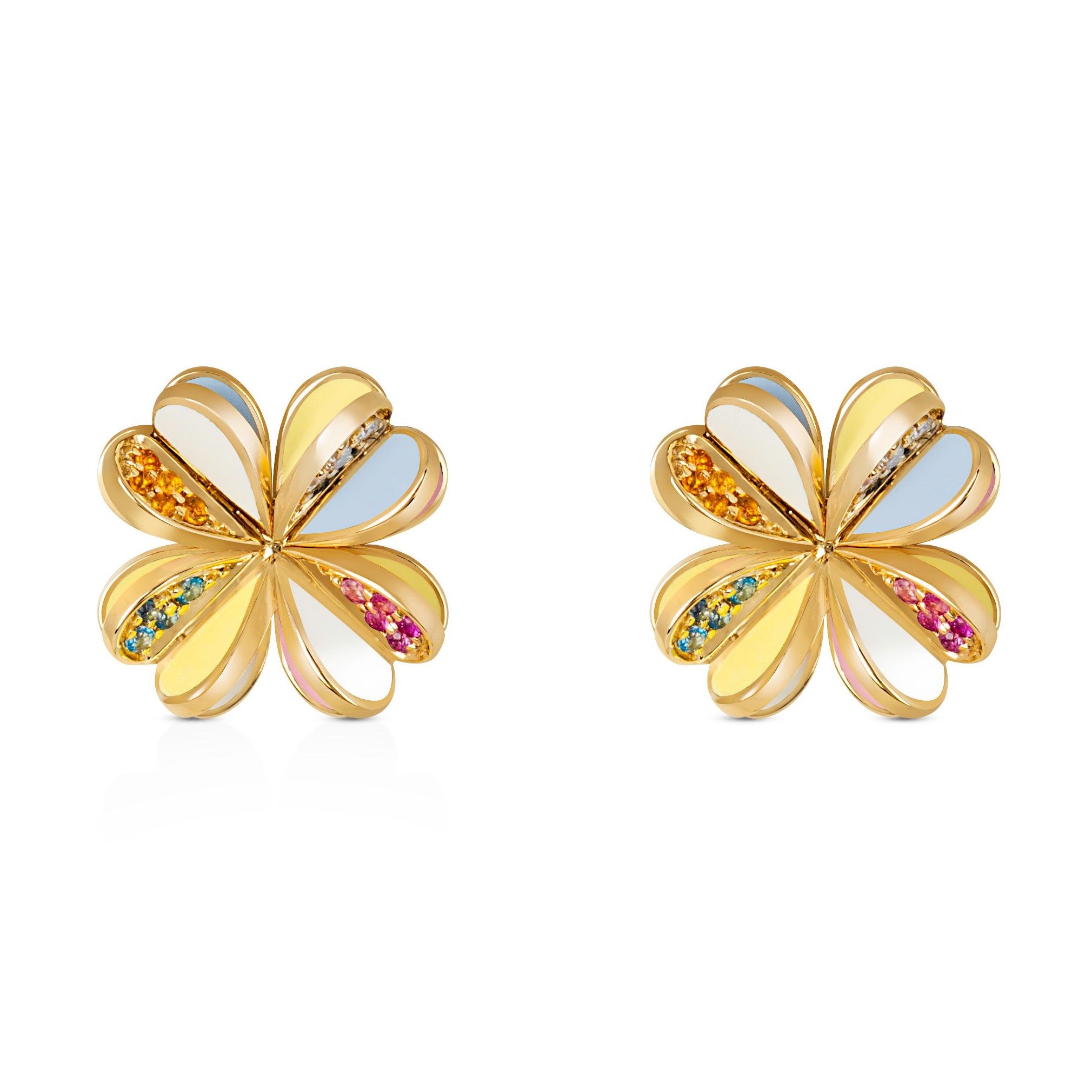 18k yellow gold with white, yellow and blue enamel petals and semi-precious stones Lucky You Earrings by Aisha Baker Tiny Gods four leaf clover stud