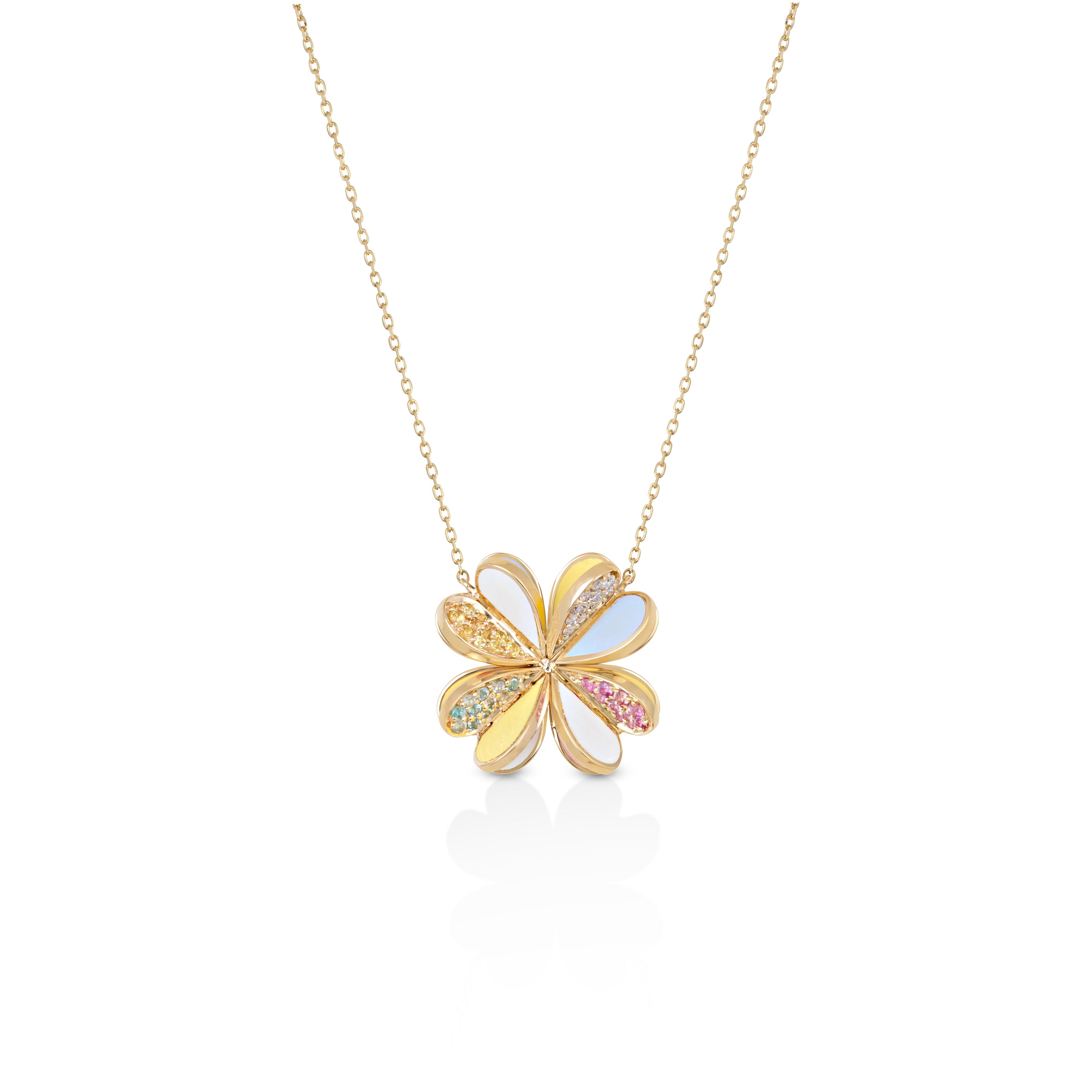 18k yellow gold with yellow, white and blue enamel petals with semi-precious stones Lucky You Necklace by Aisha Baker Tiny Gods