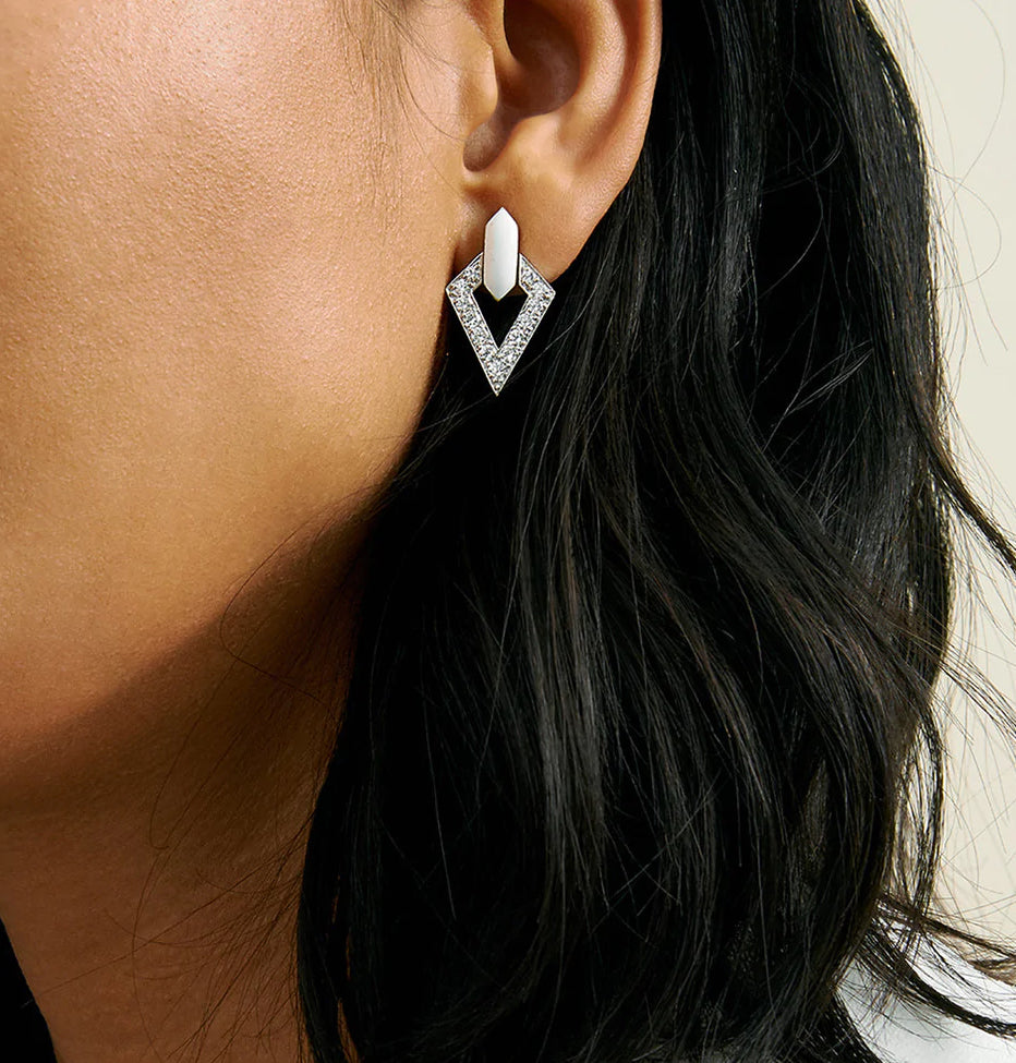 18k yellow gold and platinum double diamond earrings with white enamel and brilliant diamonds by David Webb Tiny Gods