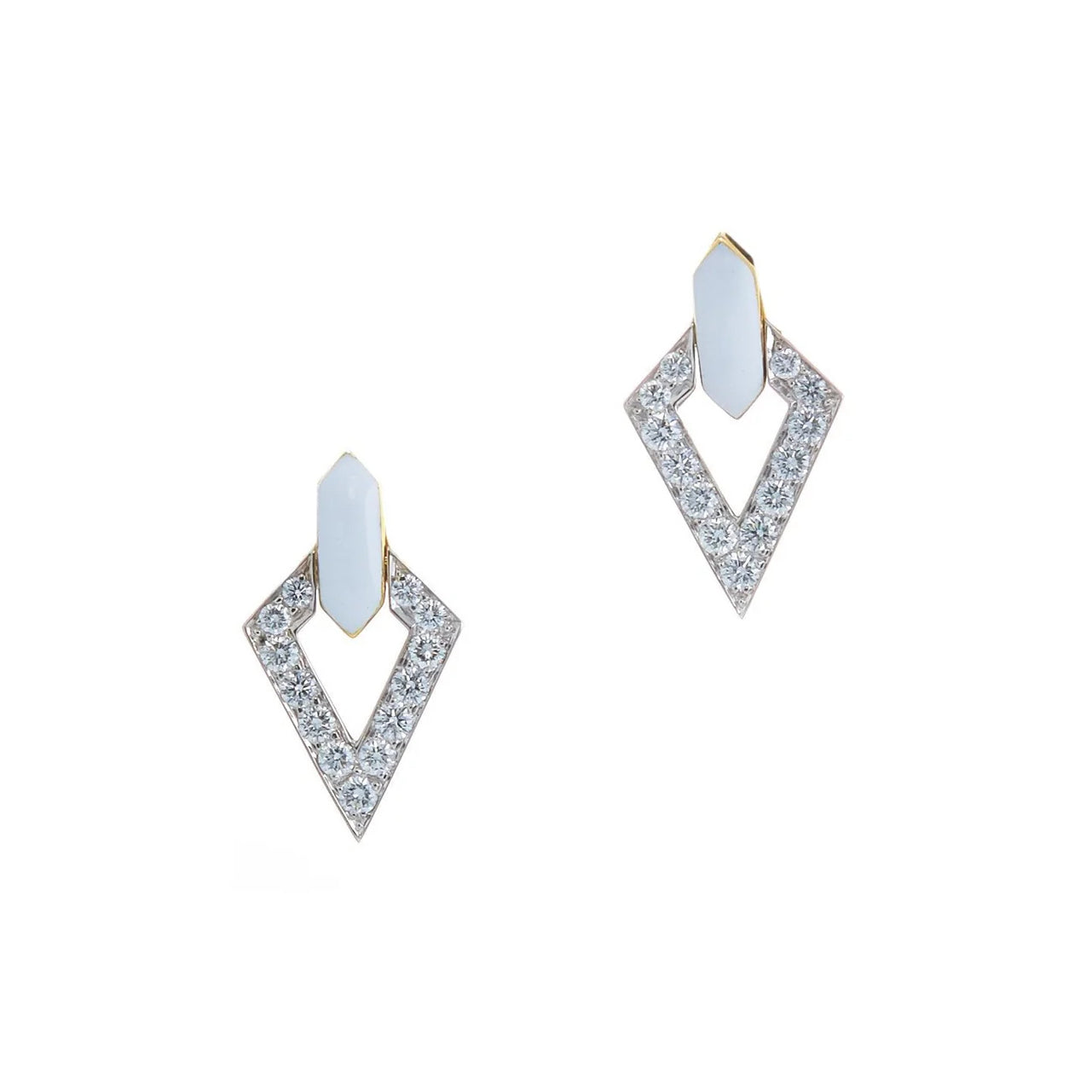 18k yellow gold and platinum double diamond earrings with white enamel and brilliant diamonds by David Webb Tiny Gods