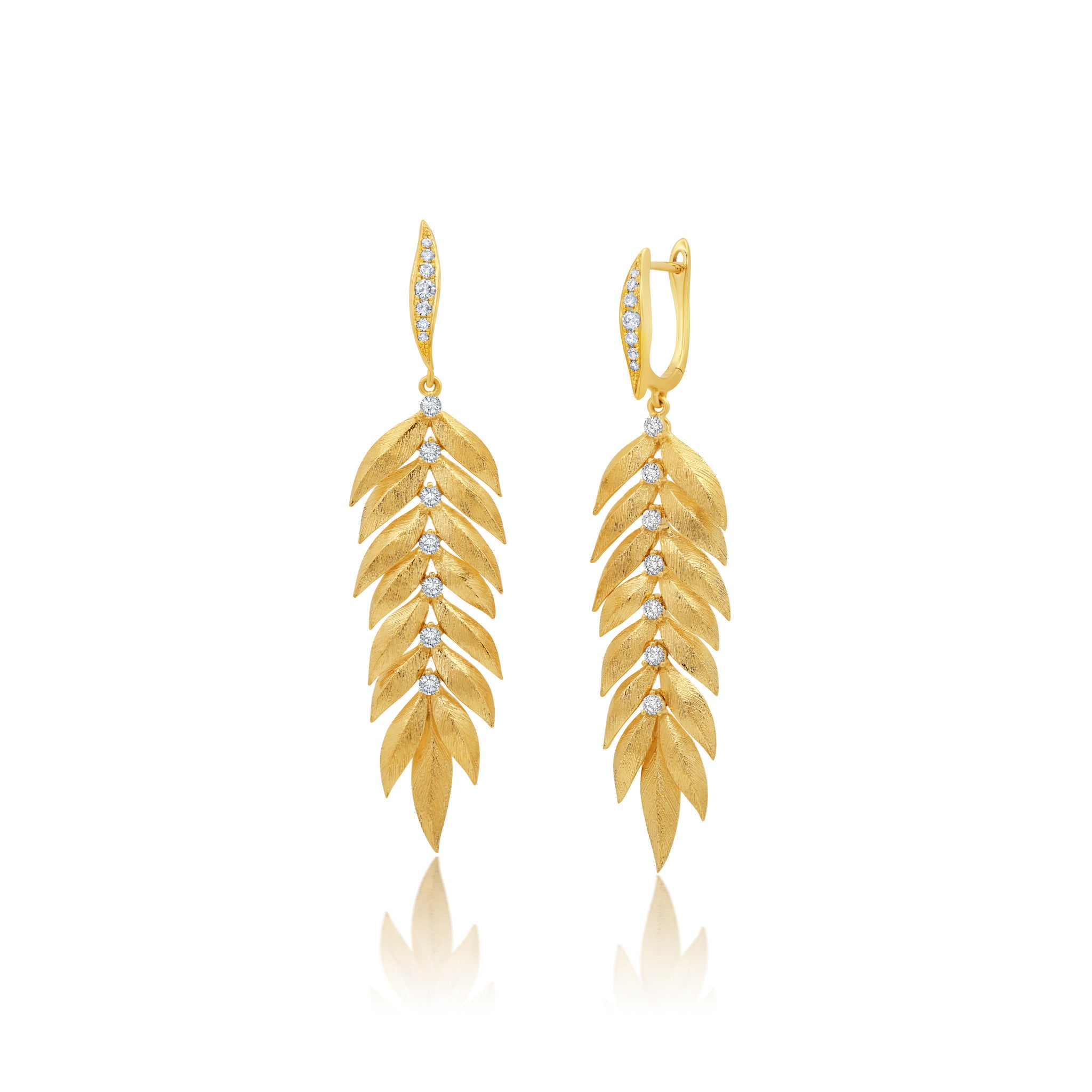 18k yellow gold Graziela earrings with gold leaves and 7 prong set diamonds down the center.