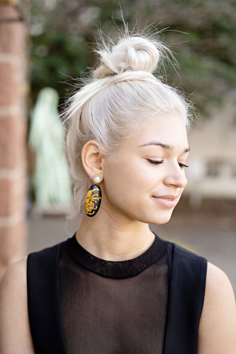 Black & Gold Lotus Flower Marquetry Earrings
