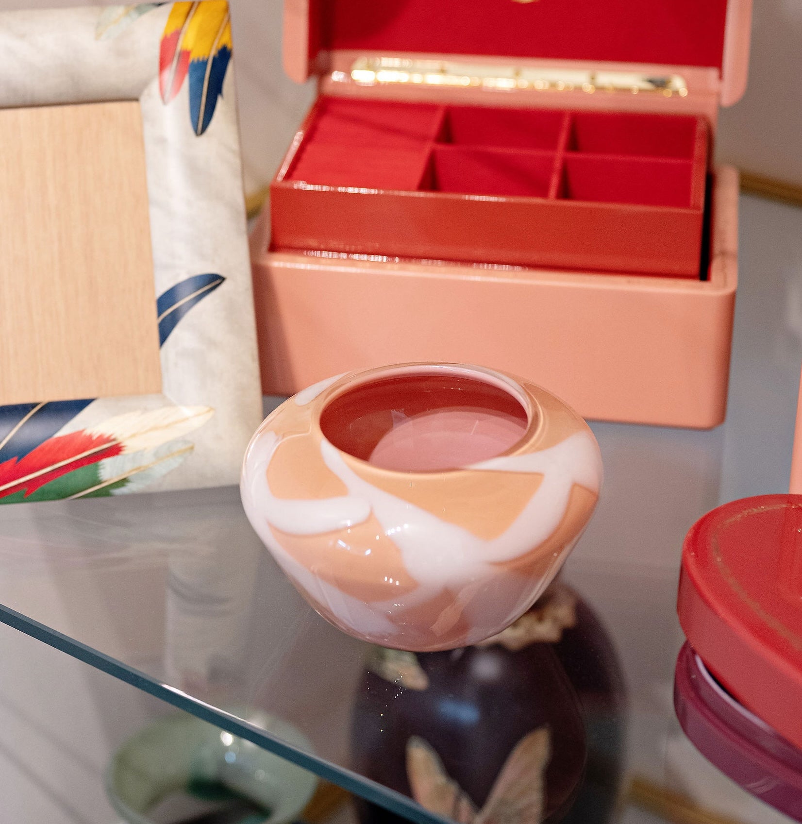 Coral Low Vase with White Strokes