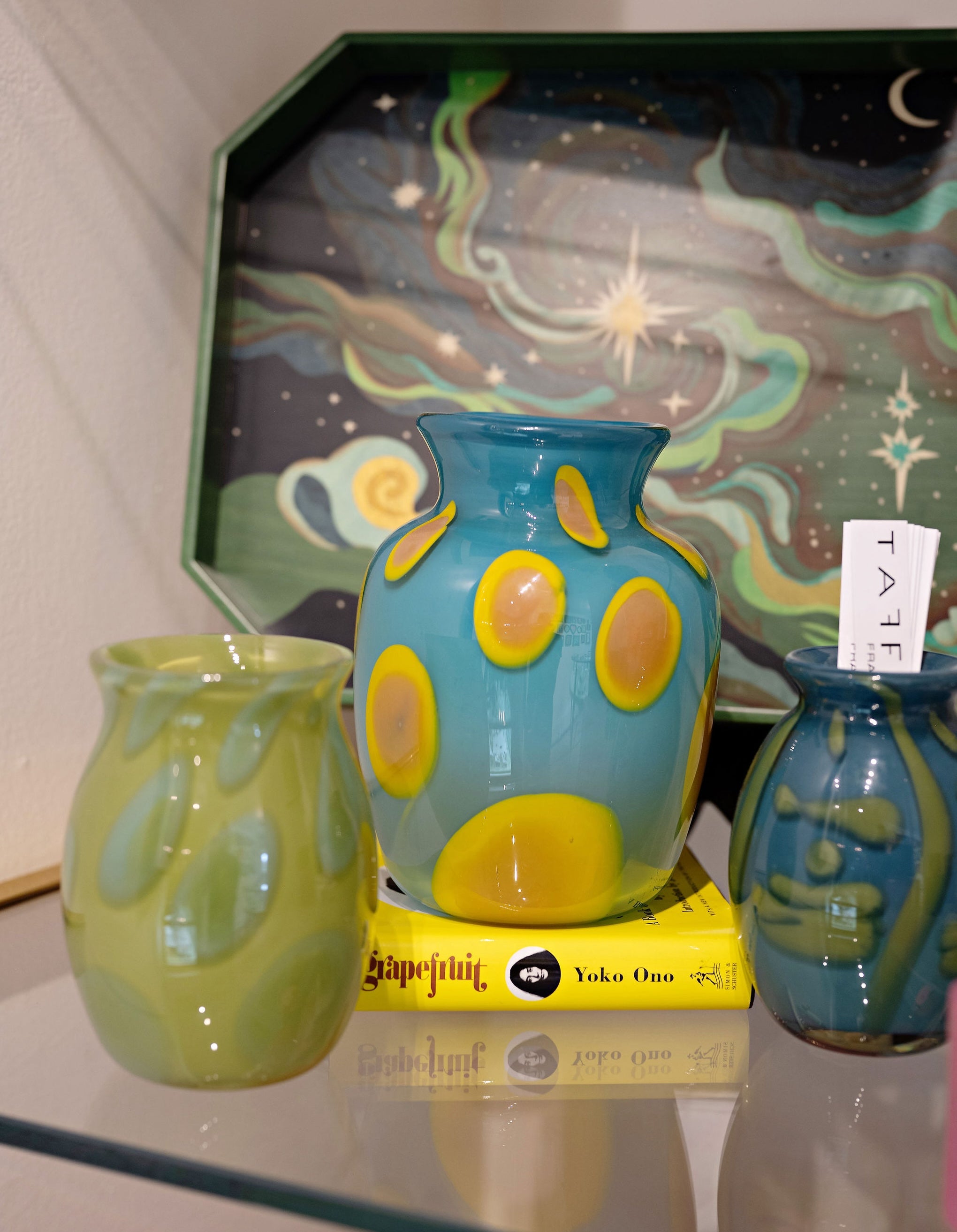 Aqua Vase with Yellow and Pink Spots