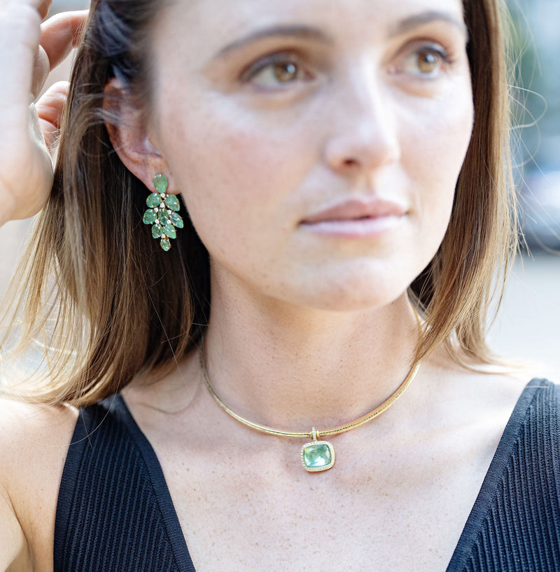 18k yellow gold hand carved emerald leaf statement earrings with diamonds by goshwara at tiny gods