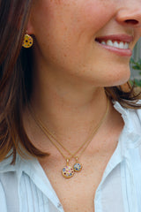 14k yellow gold Hollywood disc earrings and holly wood pendants by Rene Barnes Tiny Gods