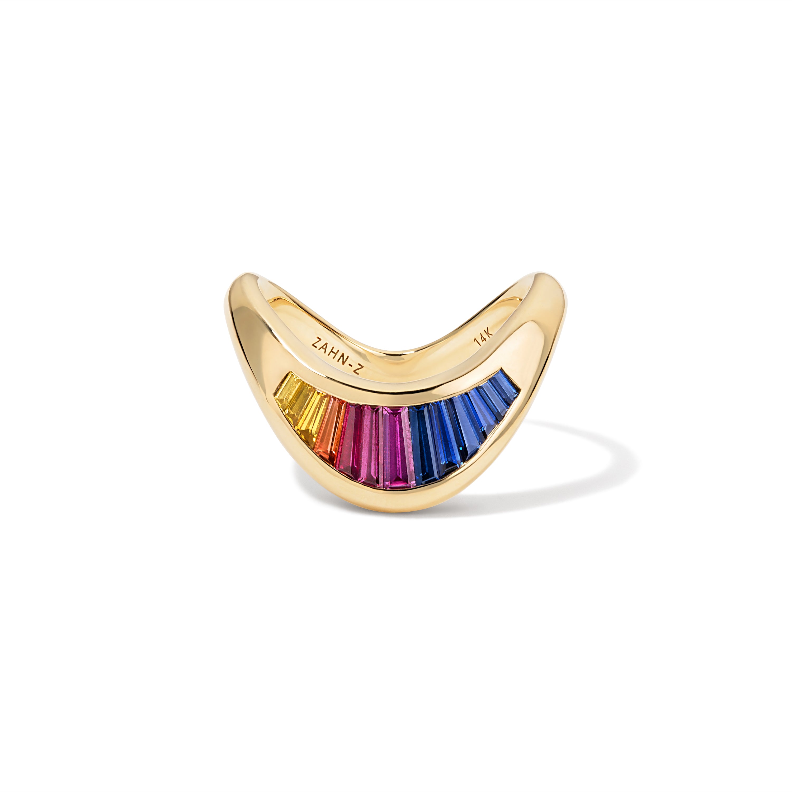 14k yellow gold rainbow sapphire petite ZAHA ring by Zahn Z Tiny Gods