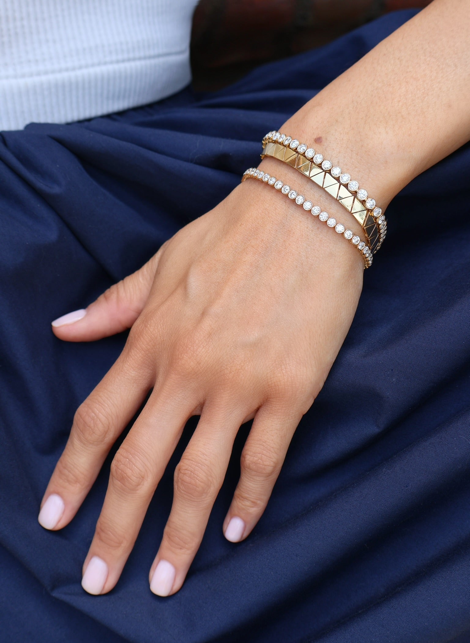 14k yellow gold 4 ct round diamond bezel set window tennis bracelet Tiny Gods 