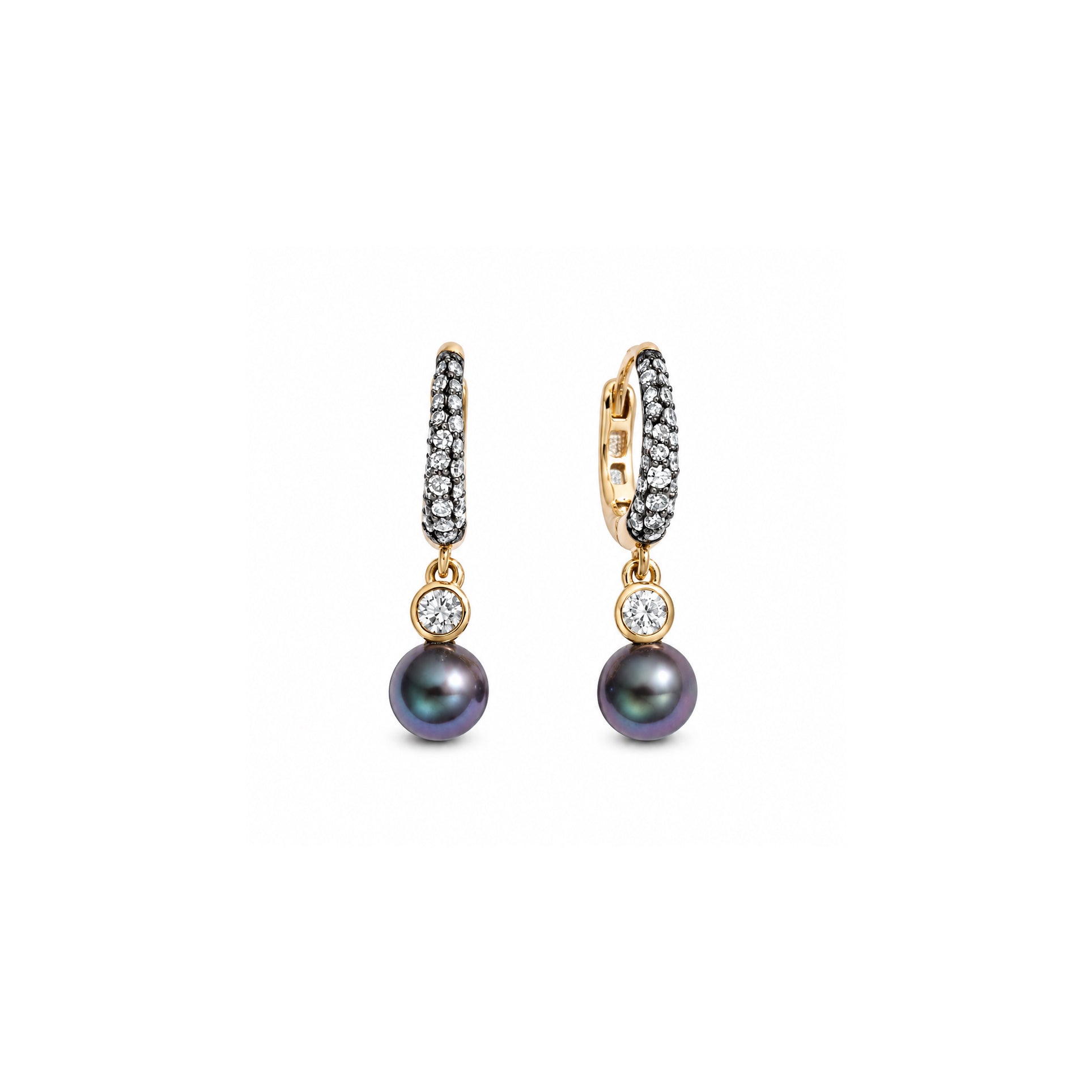 14k yellow gold black freshwater pearl nyx droplet huggie hoop diamond earrings by Lucy Delius Tiny Gods 