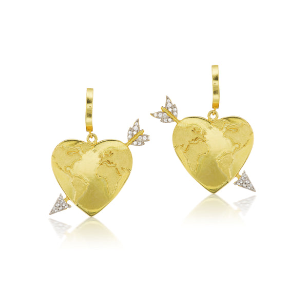 14k yellow gold diamond encrusted heart globe earrings with arrows on a hoop by Christina Alexiou Tiny Gods