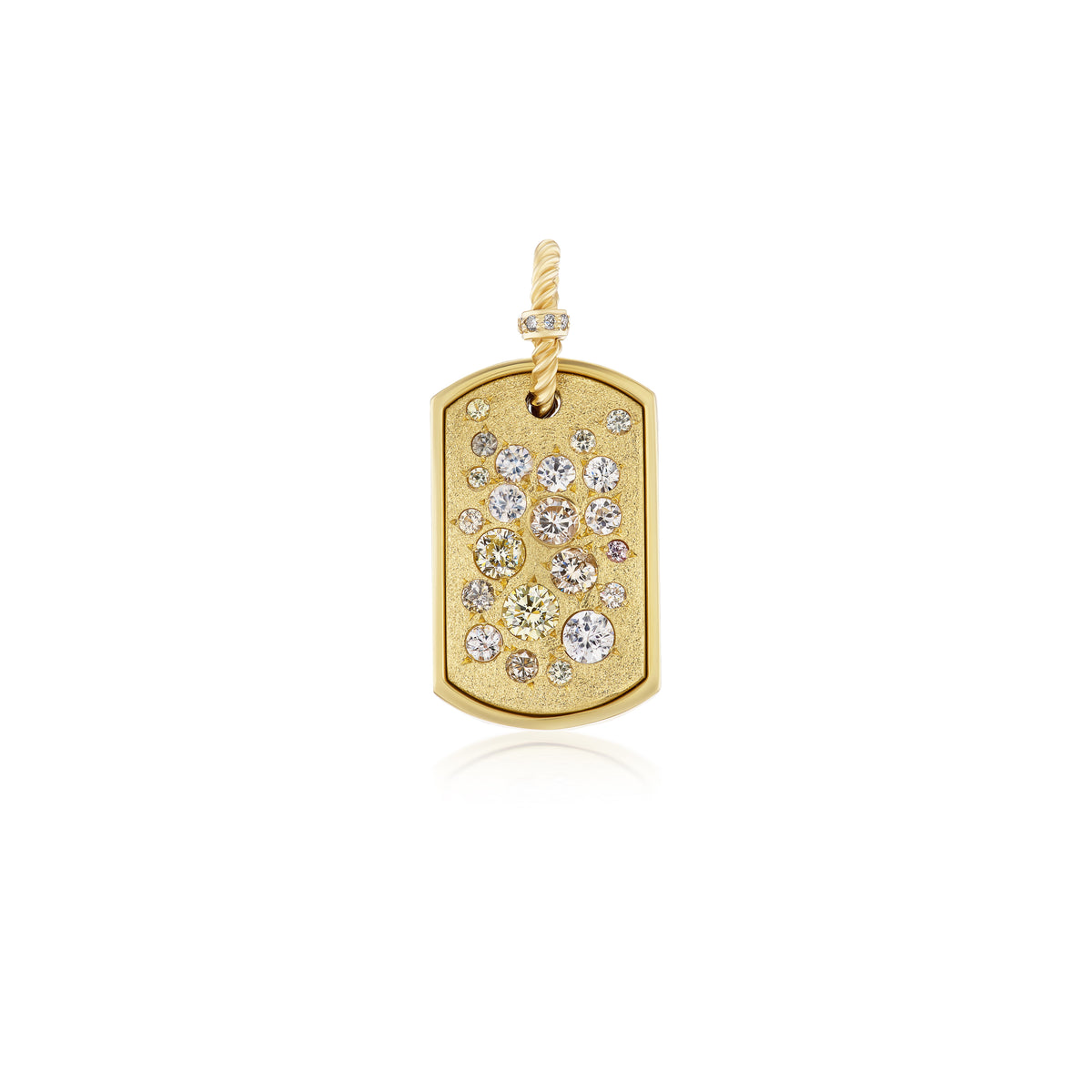 14k yellow gold diamonds sapphires dog tag charm pendant by Tender Stone Tiny Gods