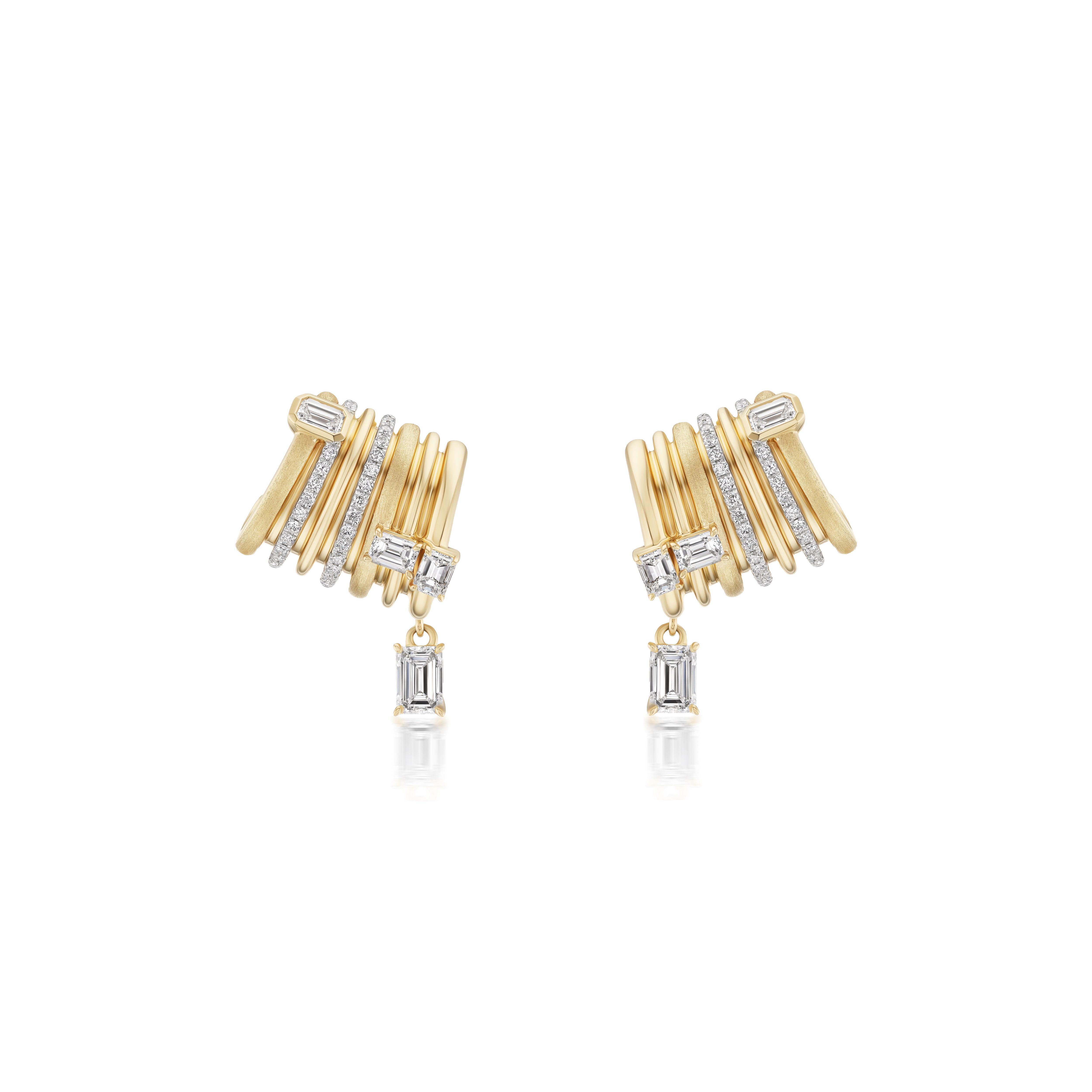 14k yellow and white gold emerald cut diamond drop tourbillon huggie earrings by rainbow K Tiny Gods 