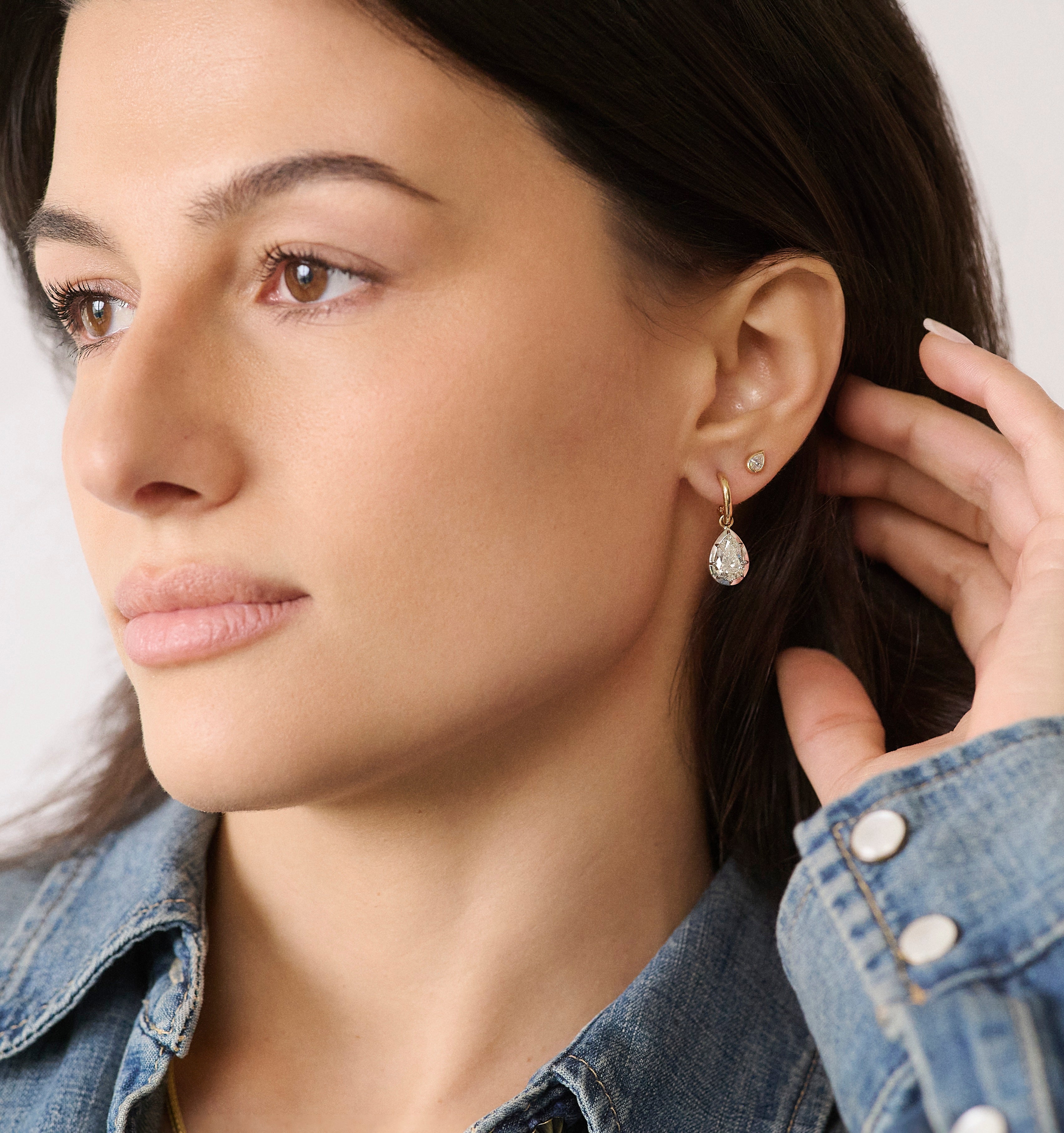 14k yellow and white gold 1.80CT Pear shaped Diamond Bezel Drop hoop huge 
Earrings with claw prongs Jessica McCormack at tiny gods
