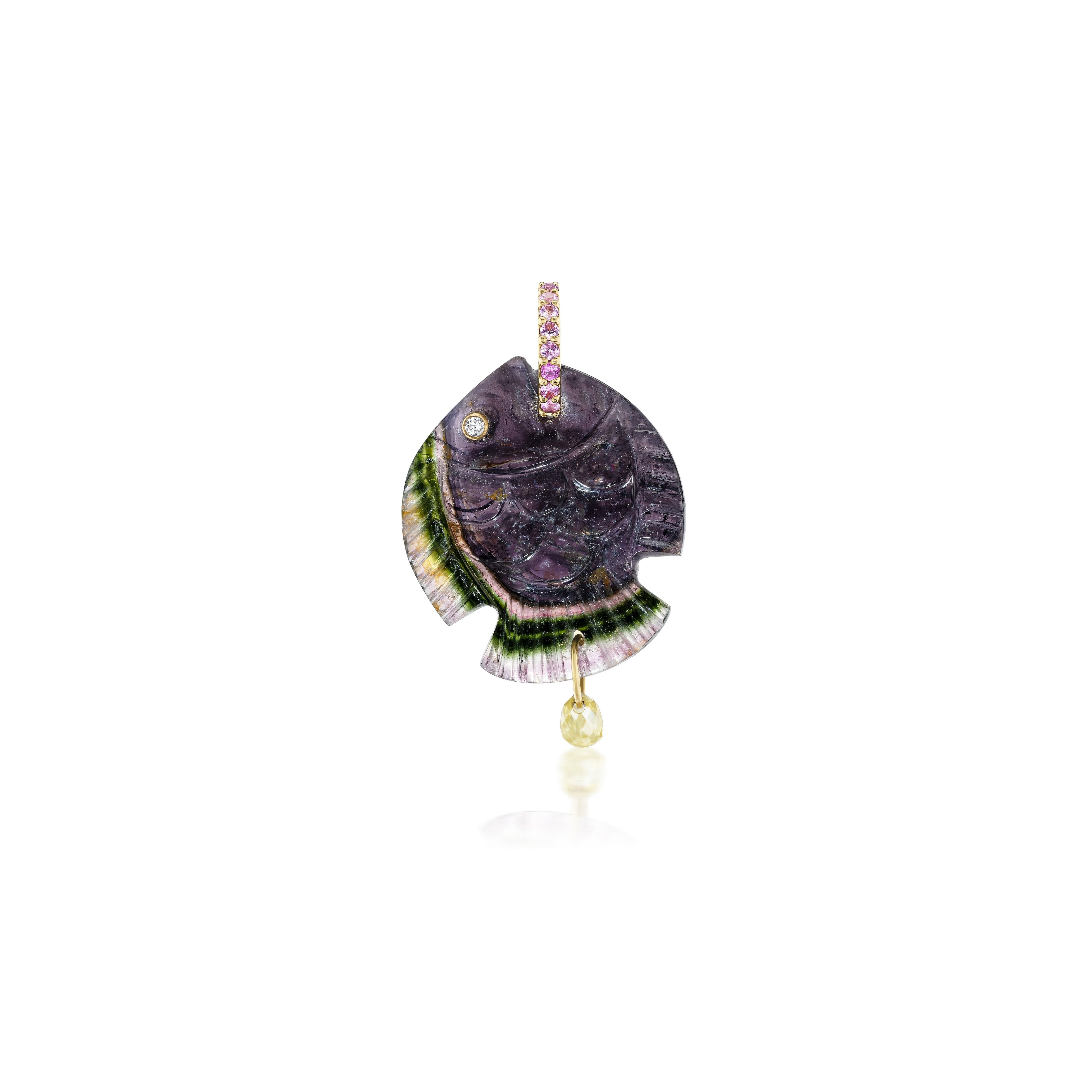 18k yellow gold Small hand-carved Tourmaline Fish charm Pendant with Pink Sapphire Bale by violette at Tiny Gods sealife jewelry