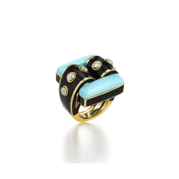 18k yellow gold and platinum domino ring with turquoise, black enamel and collet set brilliant cut diamonds by David Webb Tiny Gods 