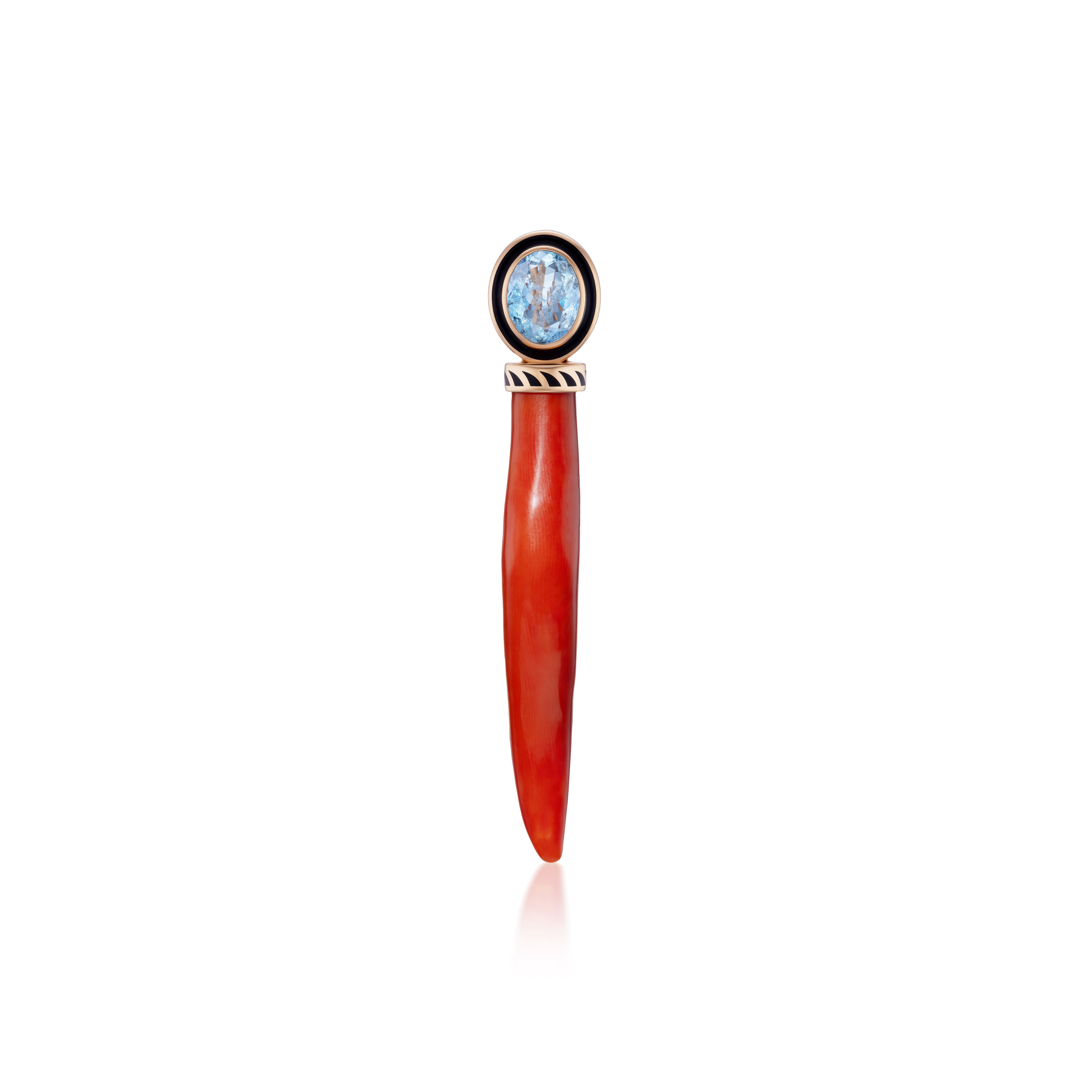 18k rose gold red coral cornetto horn pendant charm with an oval cut aquamarine with black enamel border by Dezso Tiny Gods 