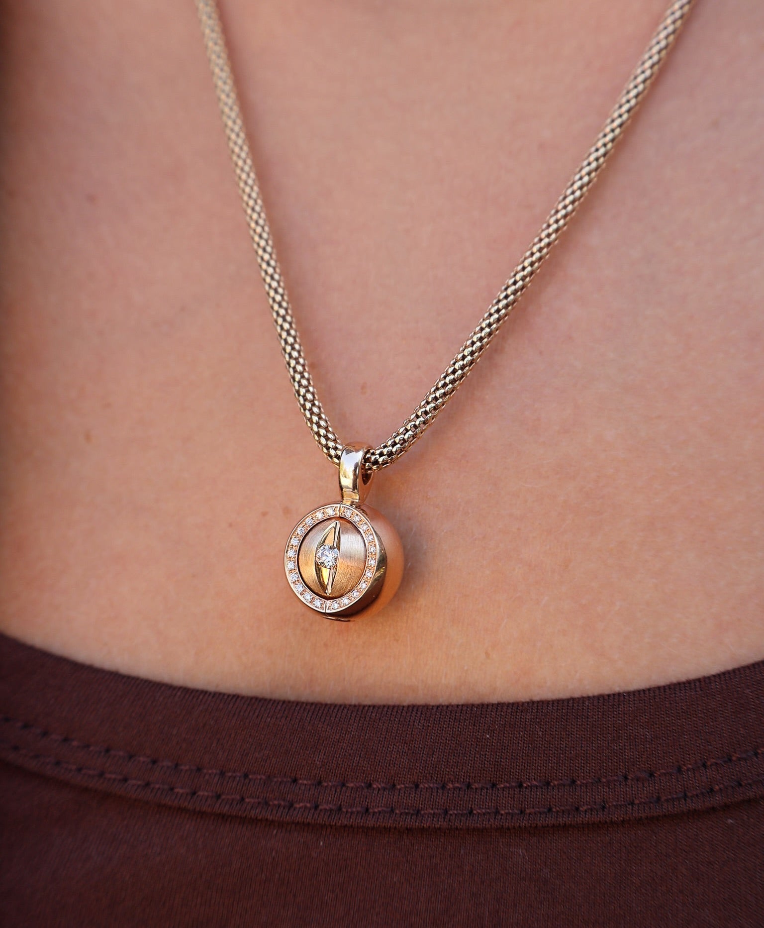 18k rose gold diamond pave orb ball pendant on woven chain with swivel evil eye Lugano necklace Tiny Gods 