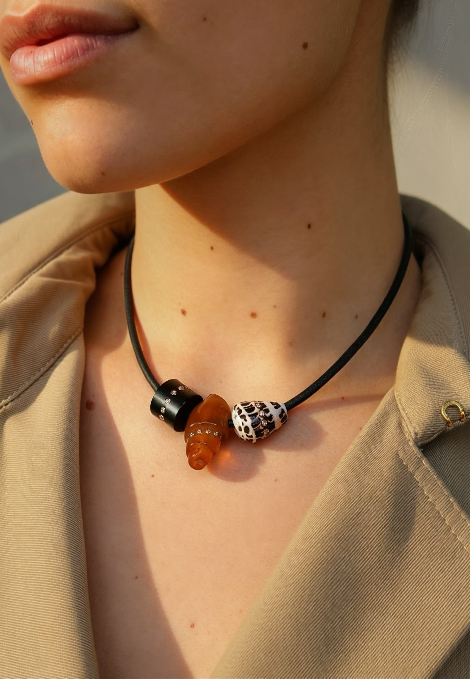 18k rose gold styled triple charm onyx diamond bumper natural shell and spotted cowry shell charm pendant necklace by Dezso Tiny Gods 