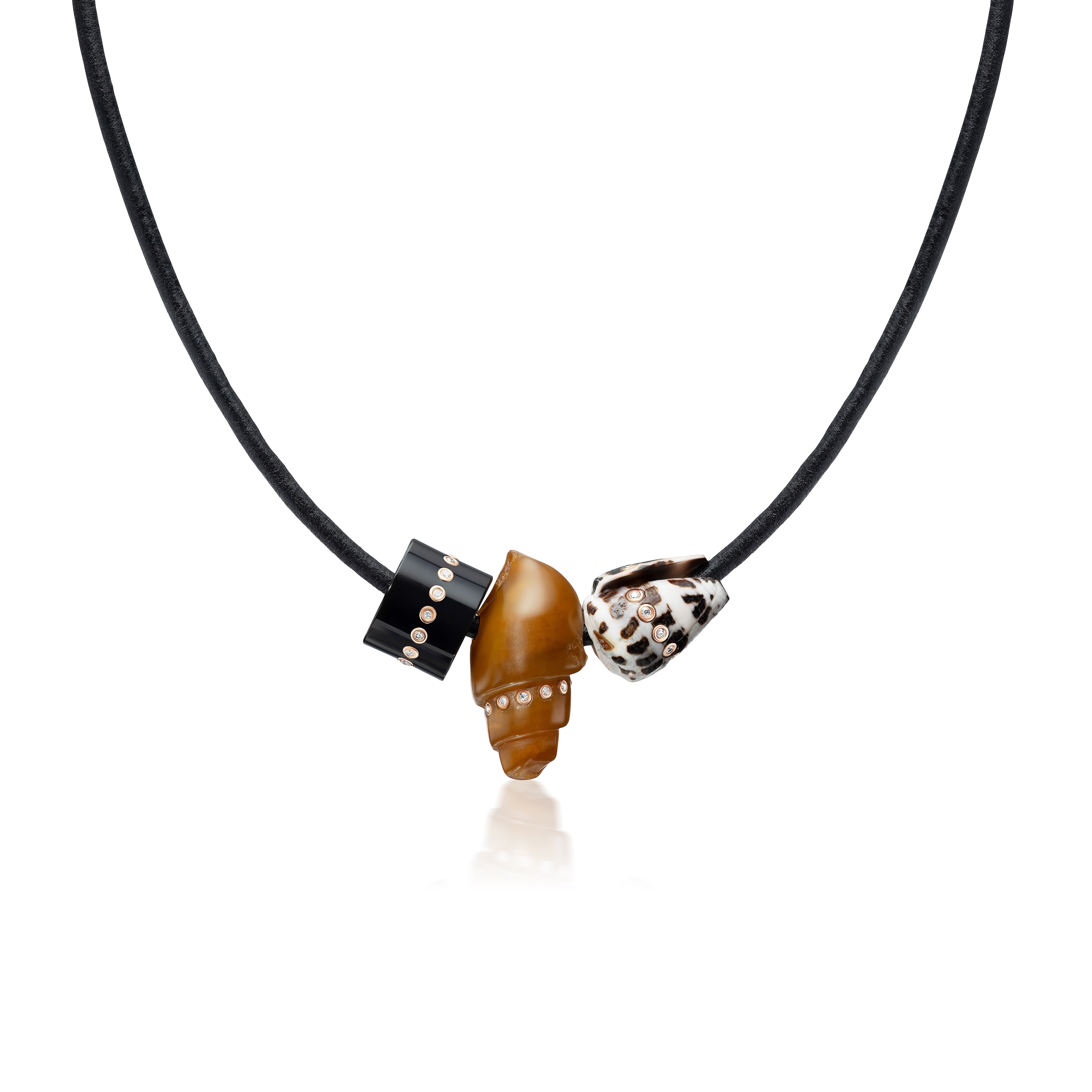 18k rose gold styled triple charm onyx diamond bumper natural shell and spotted cowry shell charm pendant necklace by Dezso Tiny Gods 