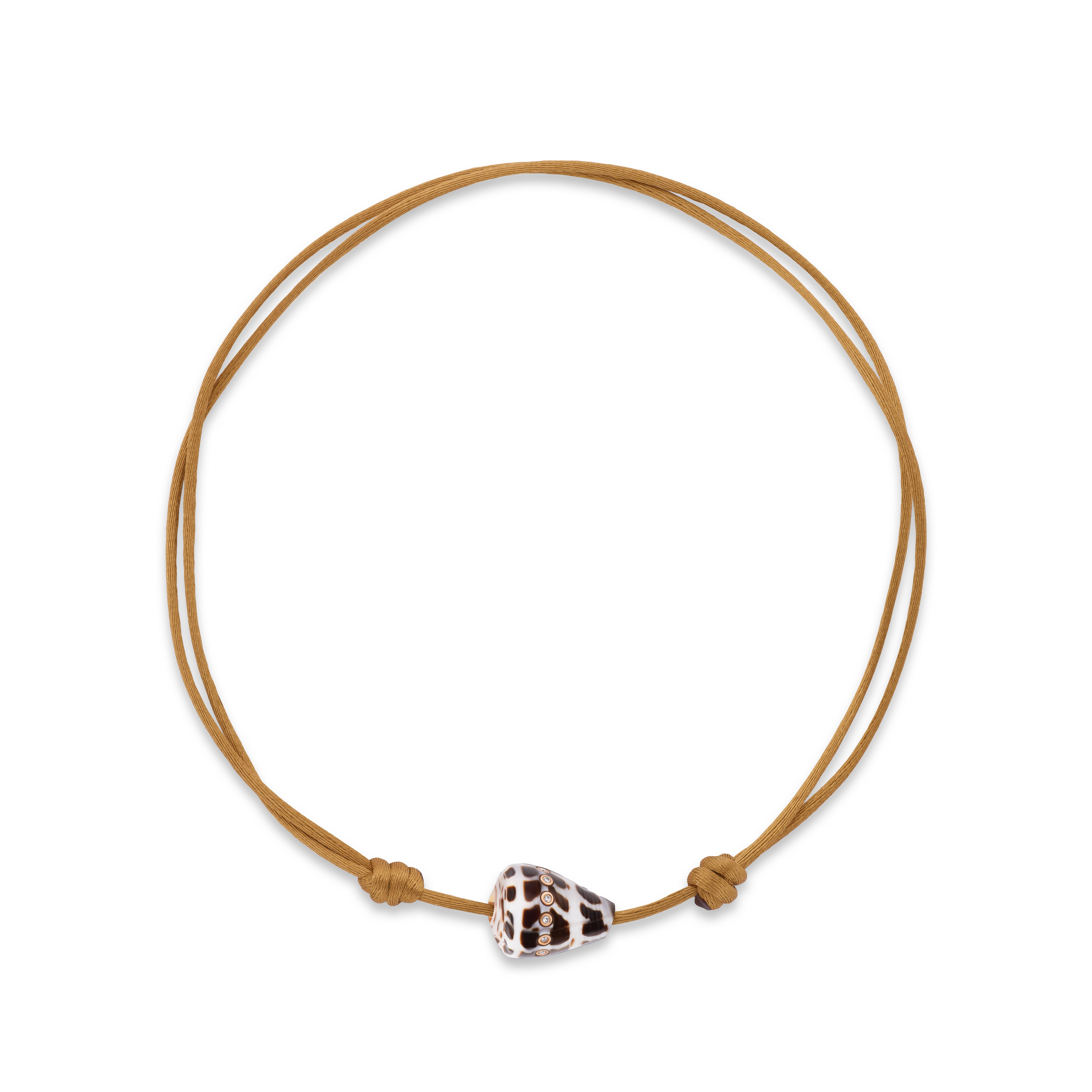 18k rose gold grande conus brown and white speckled shell with bezel set diamonds pendant on a gold silk cord necklace by Dezso Tiny Gods 