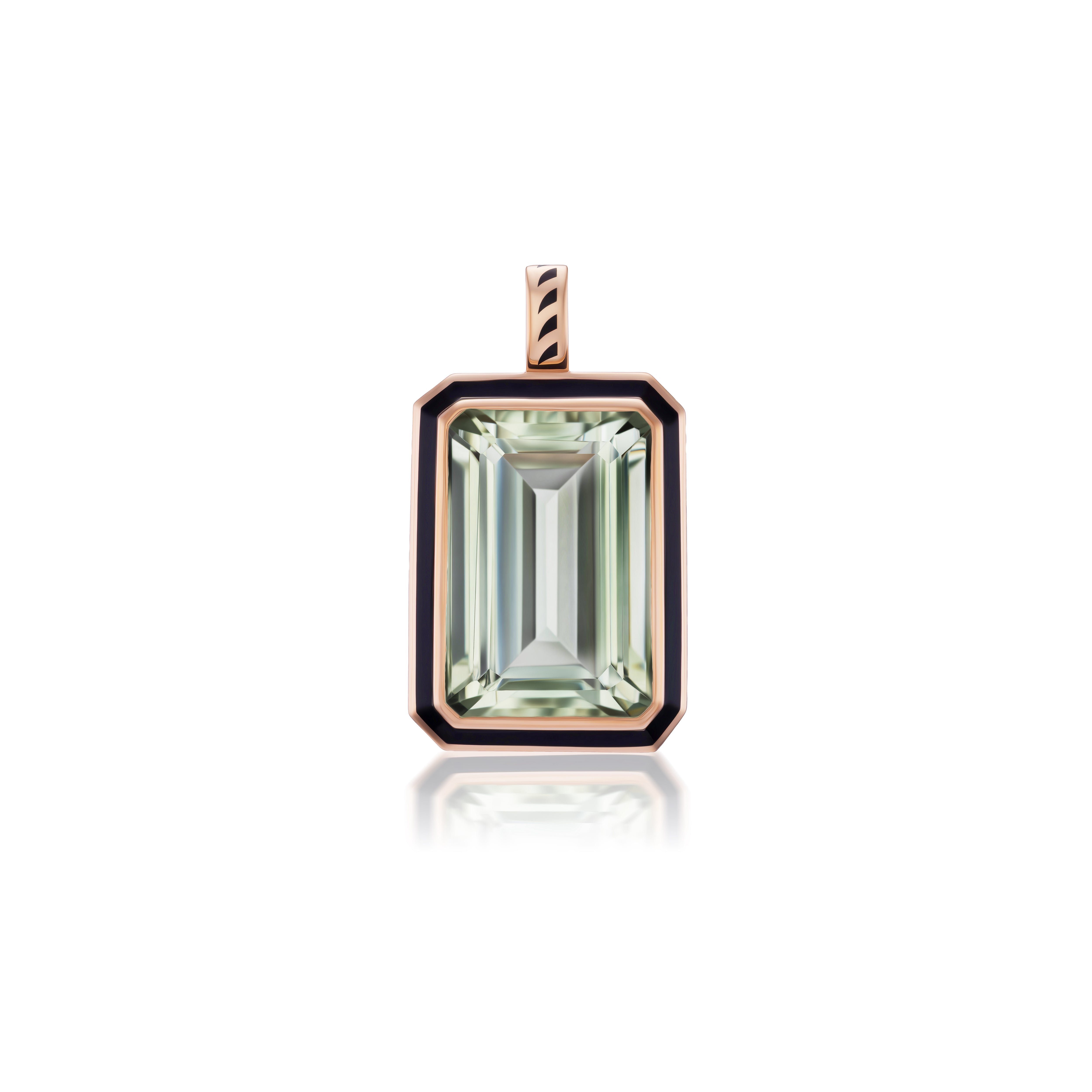 18k rose gold emerald cut green amethyst pendant charm with black enamel border by Dezso Tiny Gods 