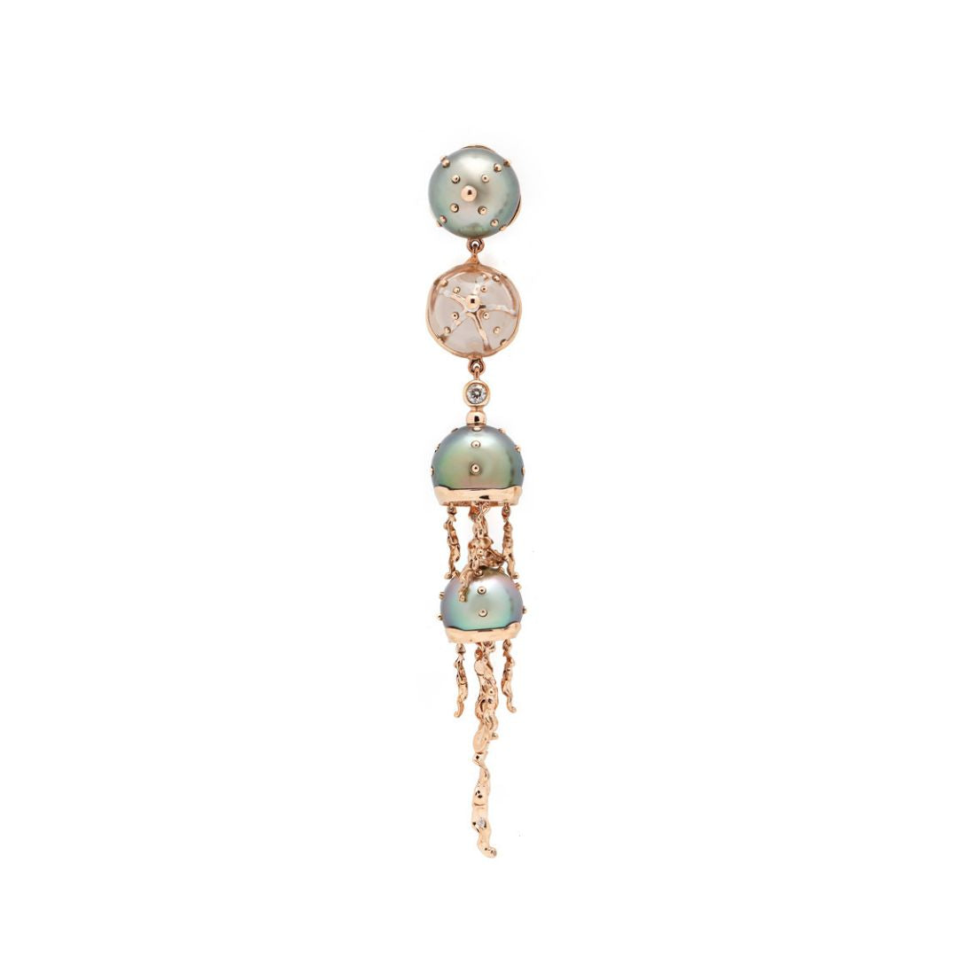 18k rose gold jellyfish tahitian pearl quartz diamond drop earring bestiary collection by Bibi van der Velden Tiny Gods