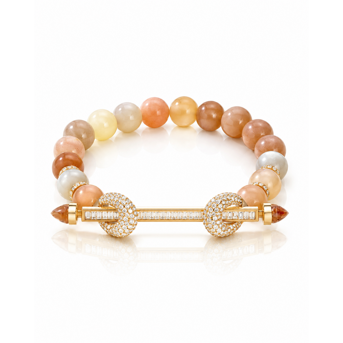 18k rose gold peach moonstone diamond bar chakra beaded bracelet by Ananya Tiny Gods