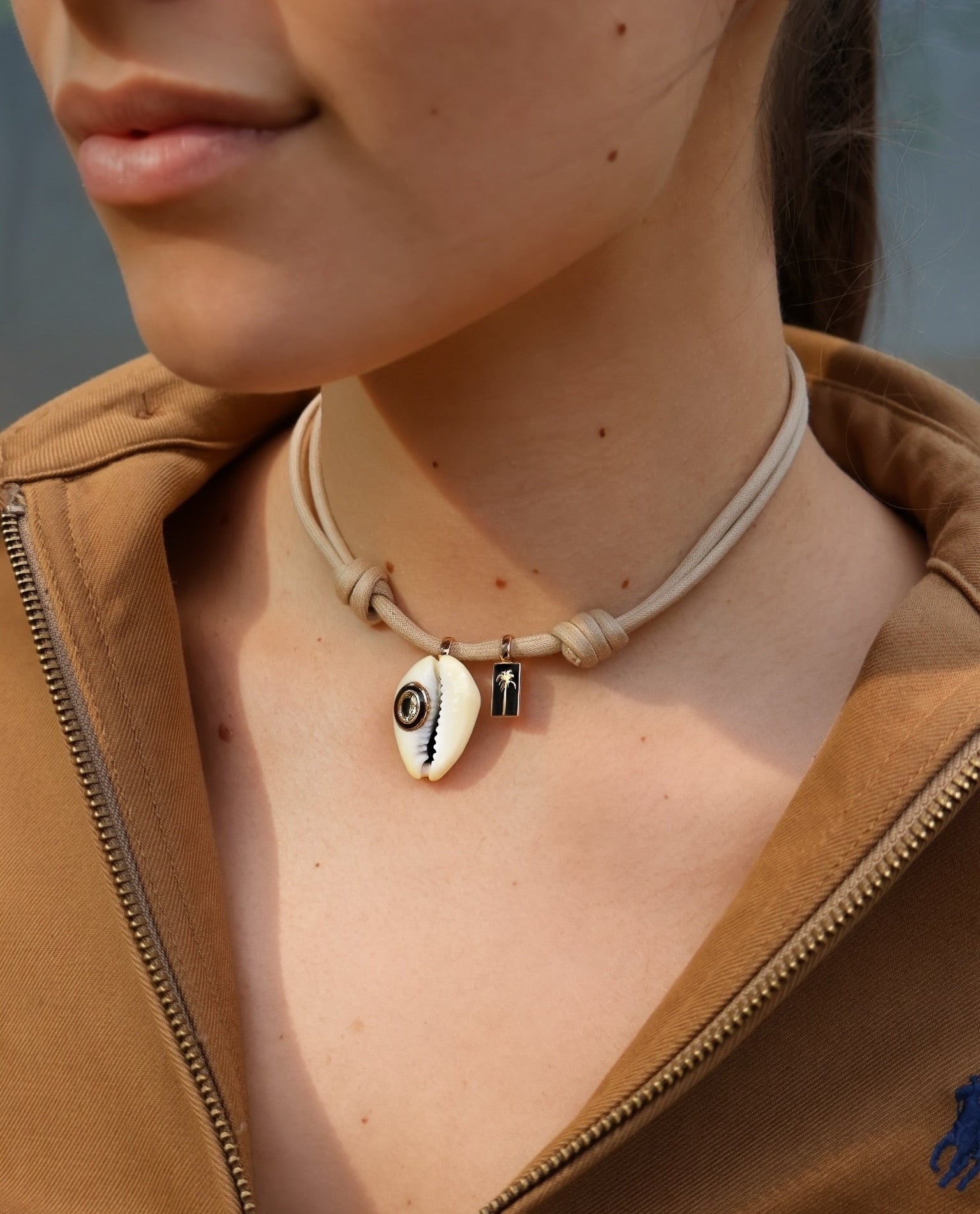 18k rose gold diamond white cowry shell and Palmier black enamel rectangular hand drawn Sara Beltran palm tree pendant styled necklace by Dezso Tiny Gods 