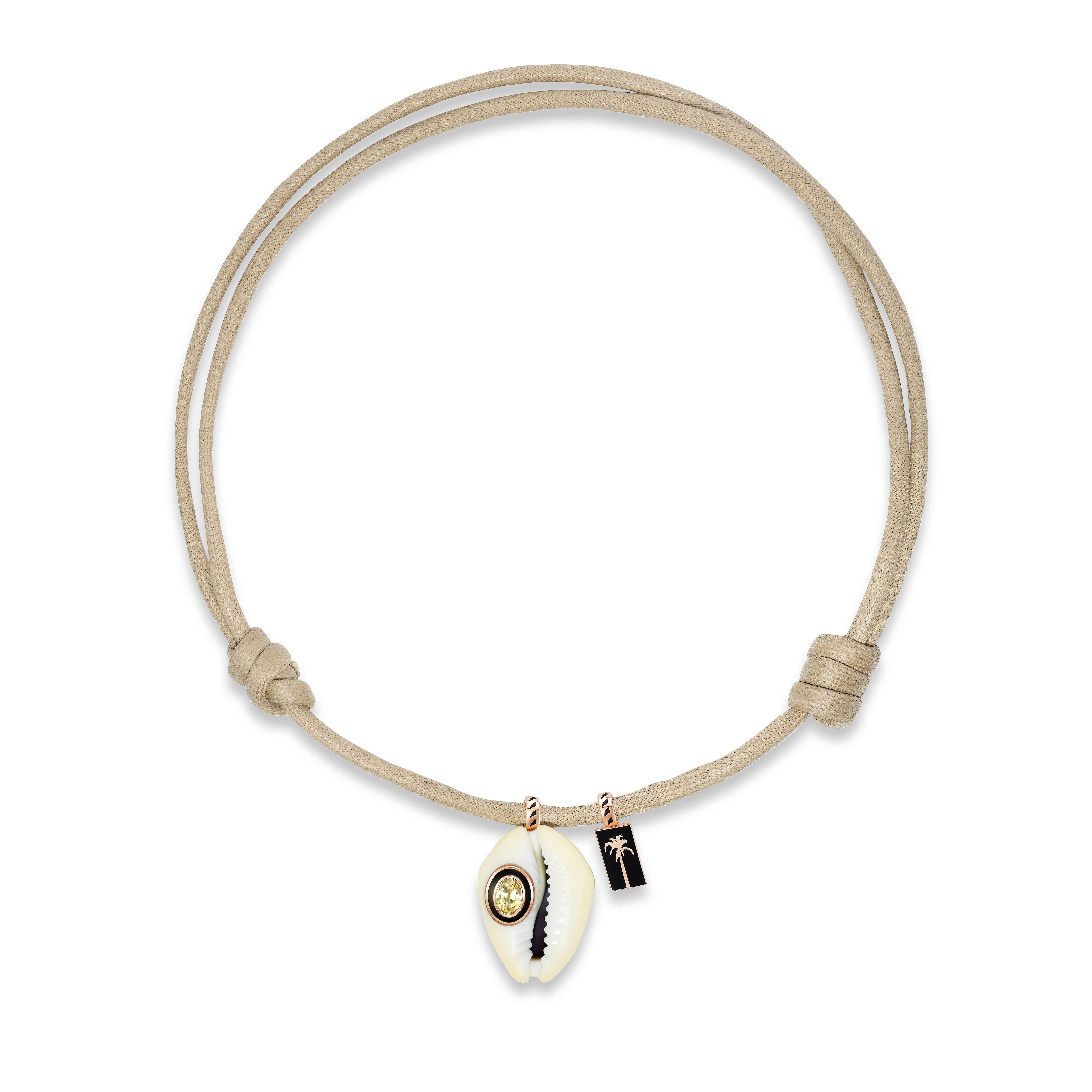 18k rose gold diamond white cowry shell and Palmier black enamel rectangular hand drawn Sara Beltran palm tree pendant styled necklace by Dezso Tiny Gods 