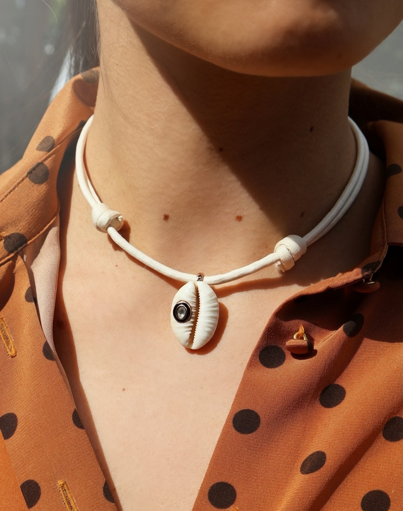 18k rose gold white cowry silmanite diamond shell pendant necklace on paracord white by Dezso Tiny Gods