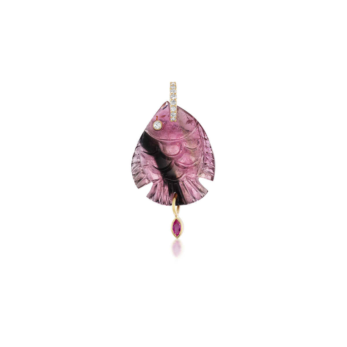 18k yellow gold pink tourmaline small fish pendant by Violette Joaillerie Tiny Gods