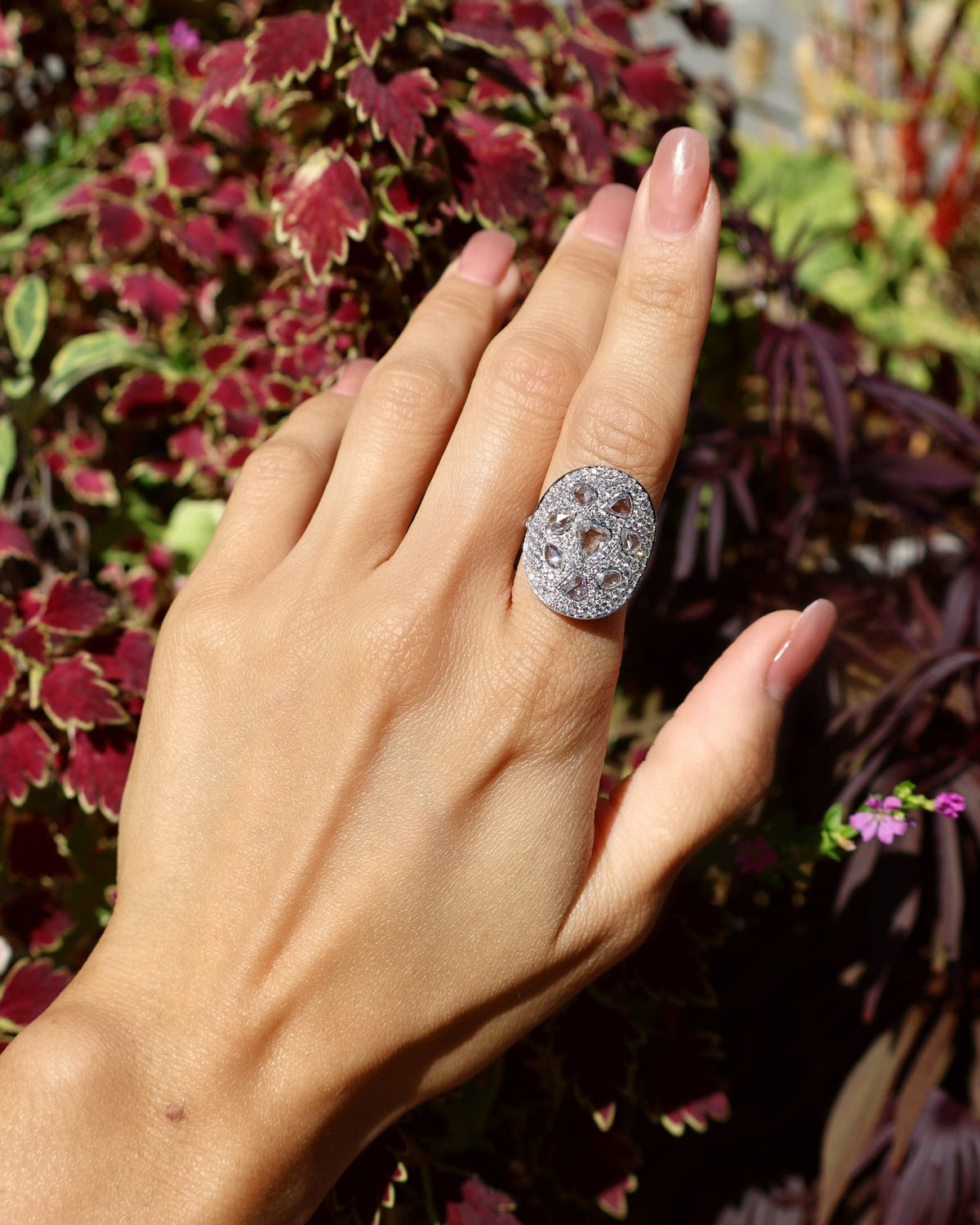 18k white gold diamond pave and rose cut diamond oval statement shield ring by Ruchi Tiny Gods