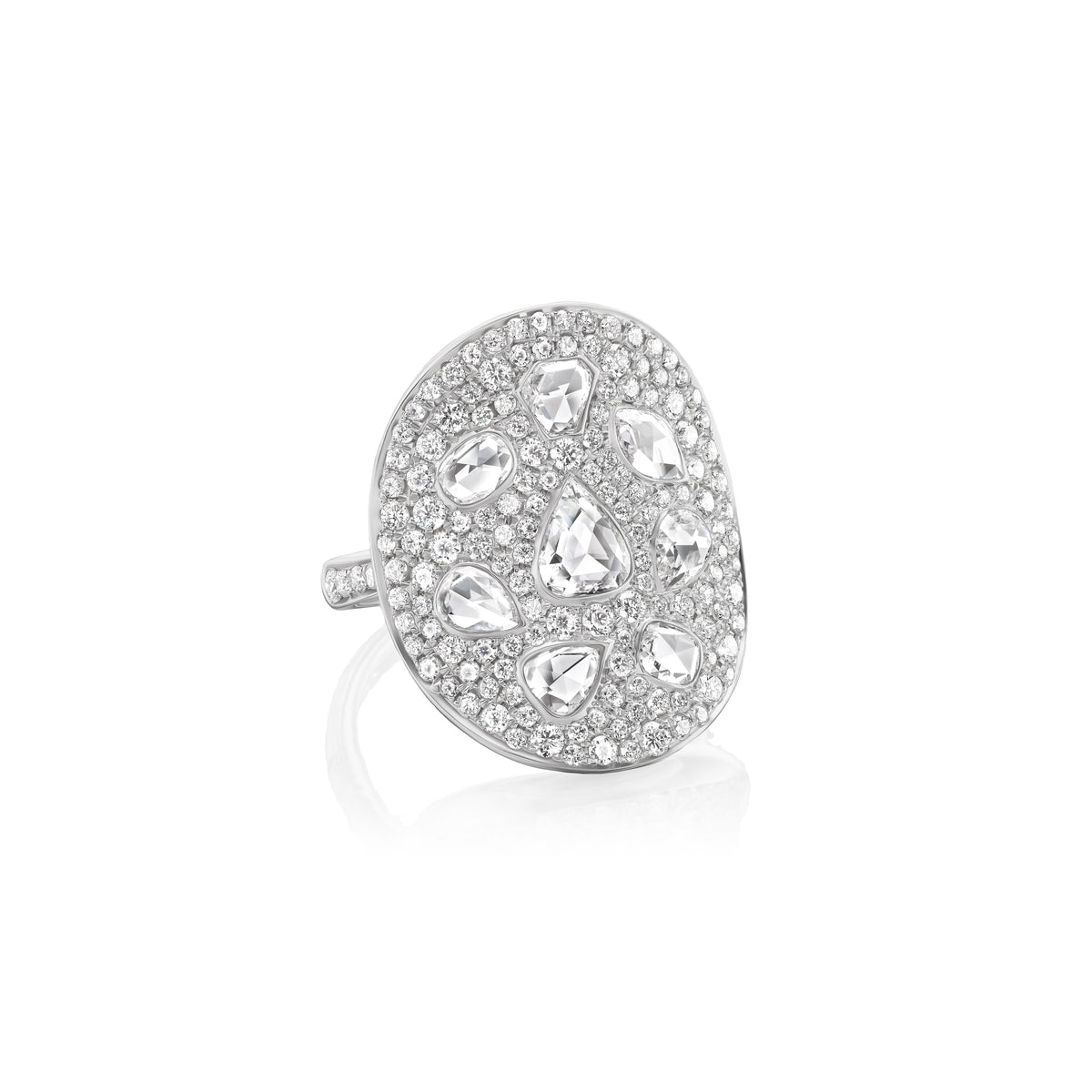 18k white gold diamond statement shield ring by Ruchi Tiny Gods