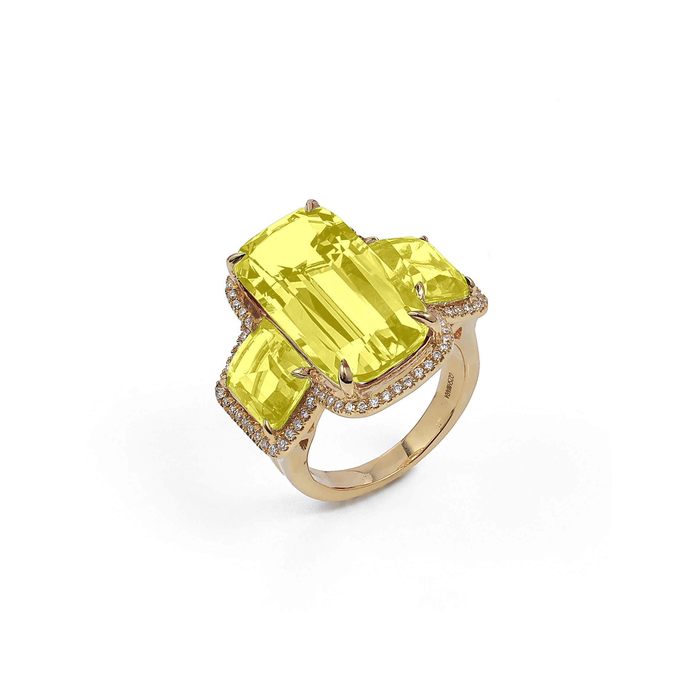 Lemon Quartz Three Stone Cushion Cut Ring